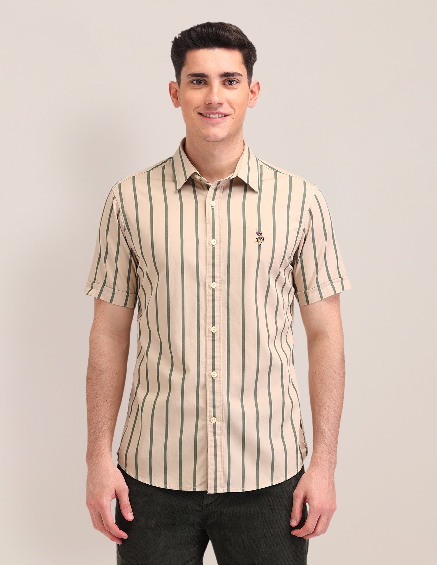 Vertical Striped Tailored Fit Shirt Beige - U.S. Polo Assn. India | Large