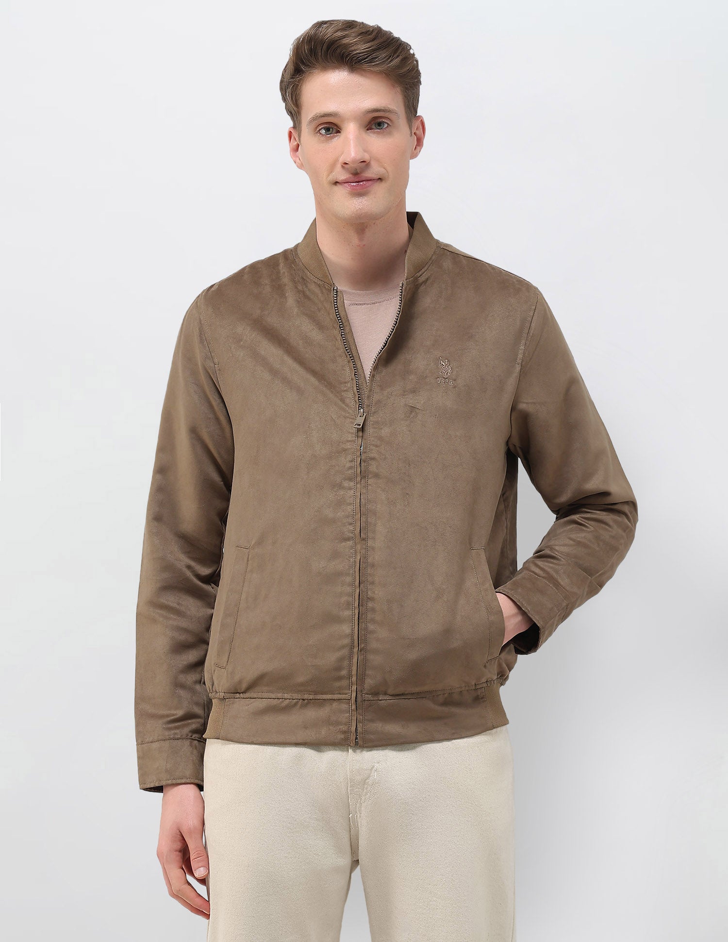 Solid Regular Fit Bomber Jacket Light Brown - U.S. Polo Assn. India | Large