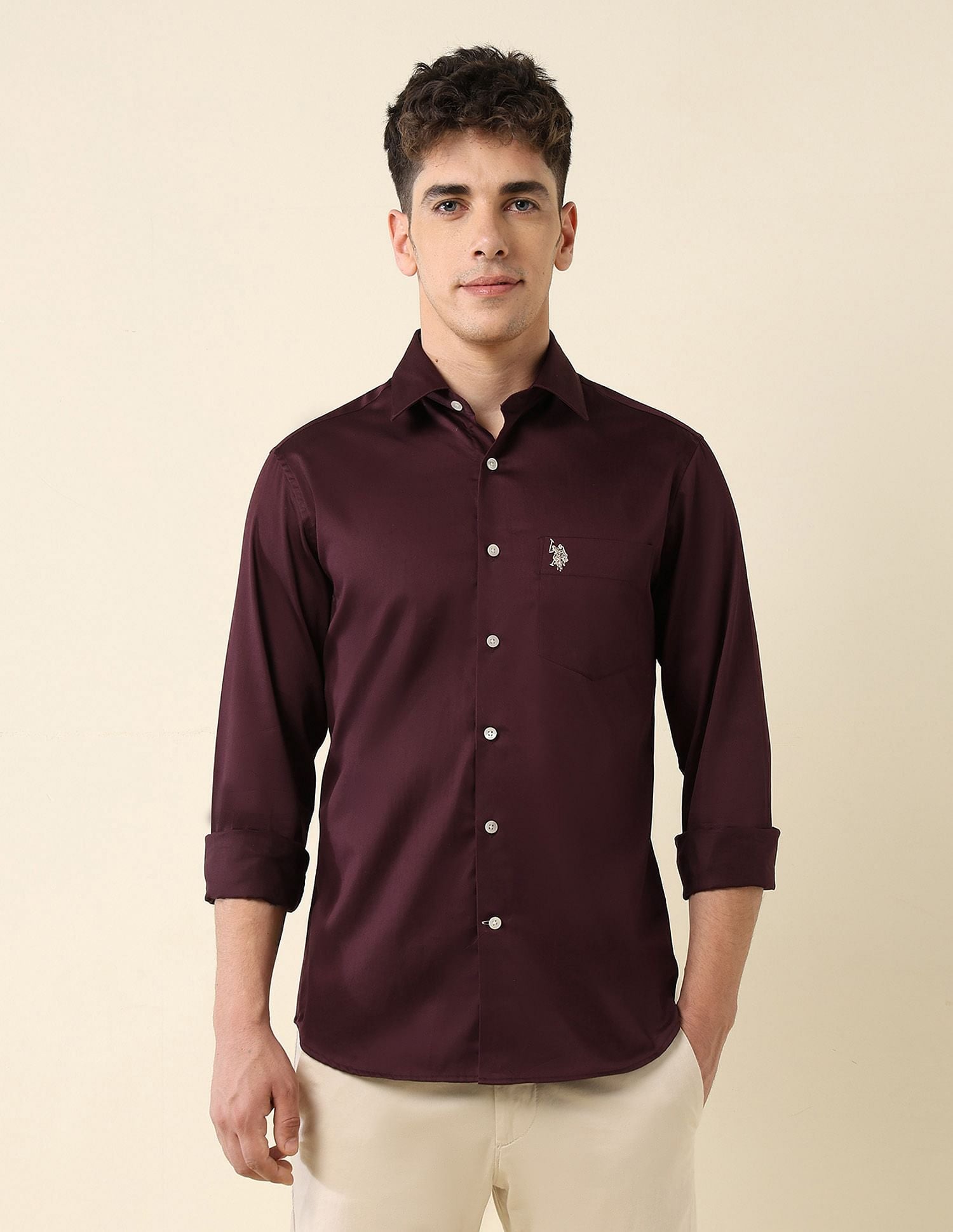 Tailored Fit Satin Shirt Maroon - U.S. Polo Assn. India | Large
