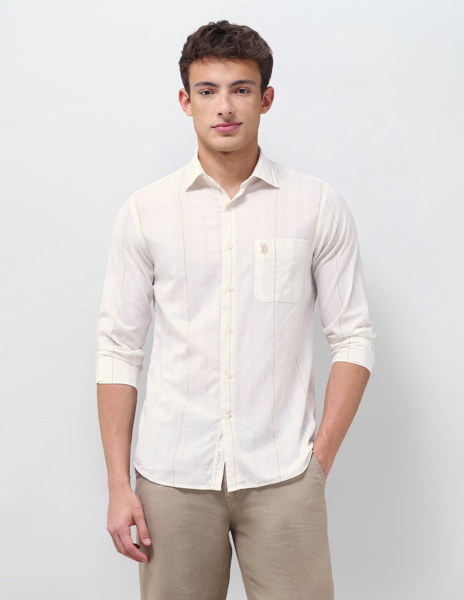 Vertical Striped Regular Fit Shirt Beige - U.S. Polo Assn. India | Large