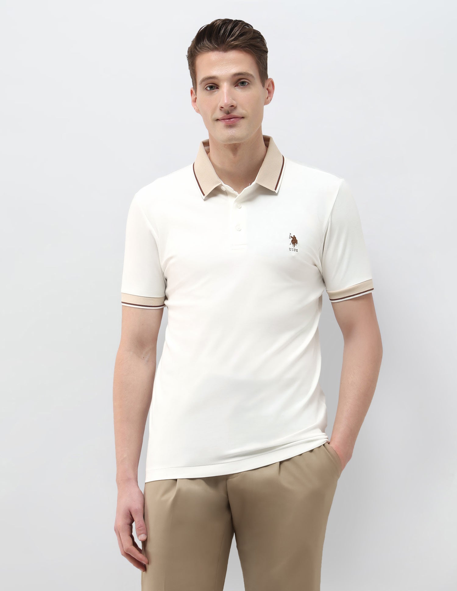 Solid Slim Fit Polo Shirt Off White - U.S. Polo Assn. India | Large