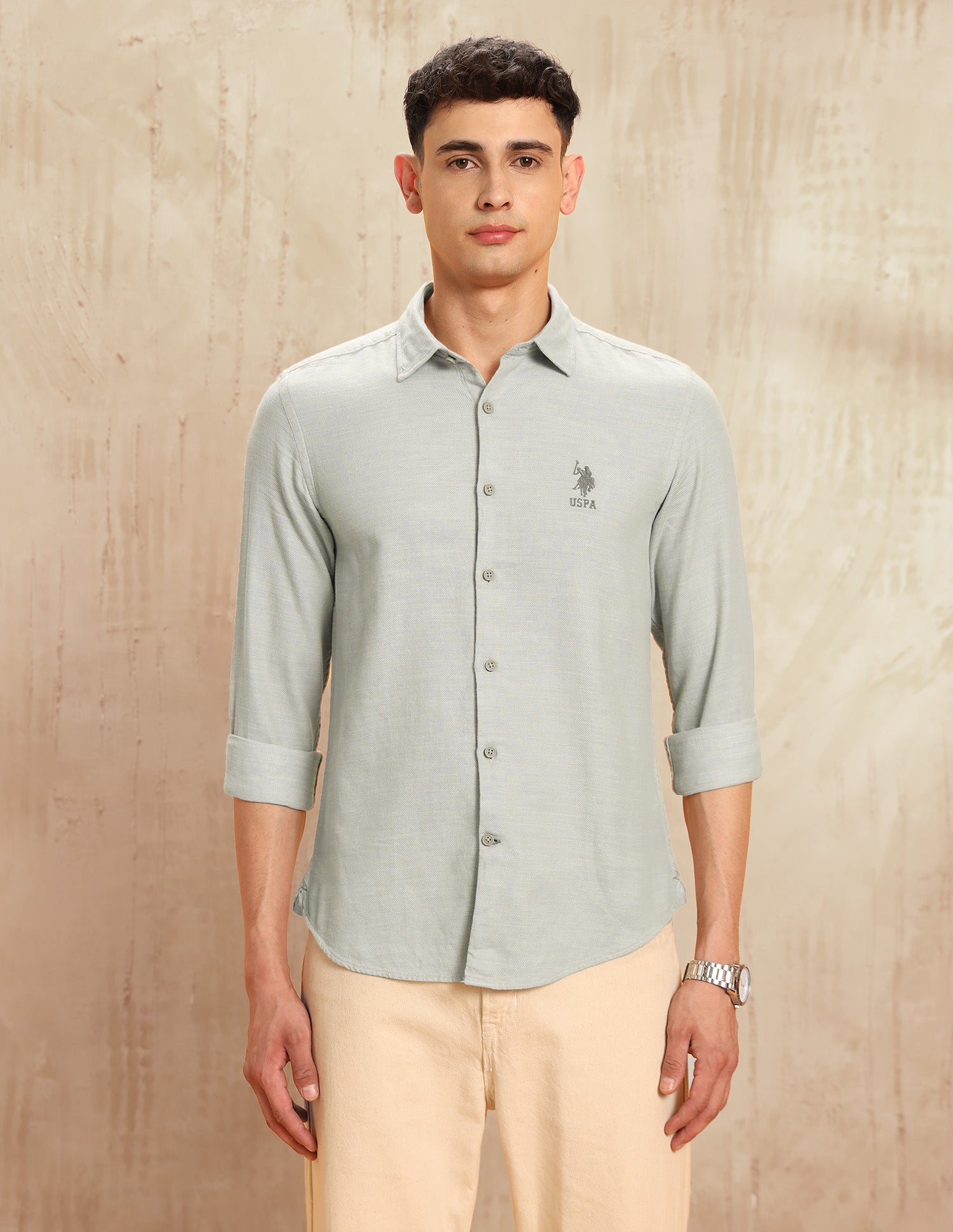Textured Regular Fit Shirt Light Khaki - U.S. POLO ASSN. | Large