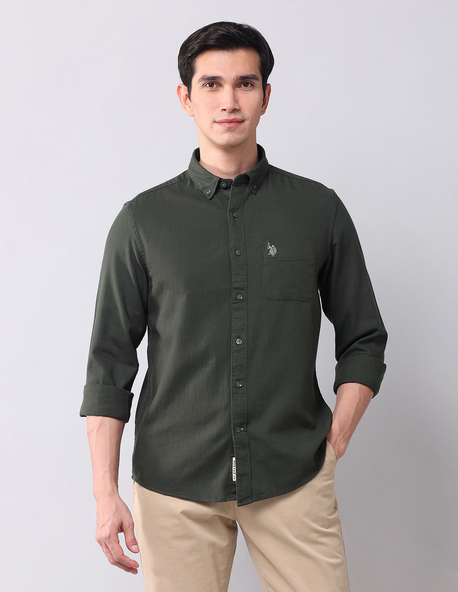 Regular Fit Twill Solid Shirt Olive - U.S. Polo Assn. India | Large
