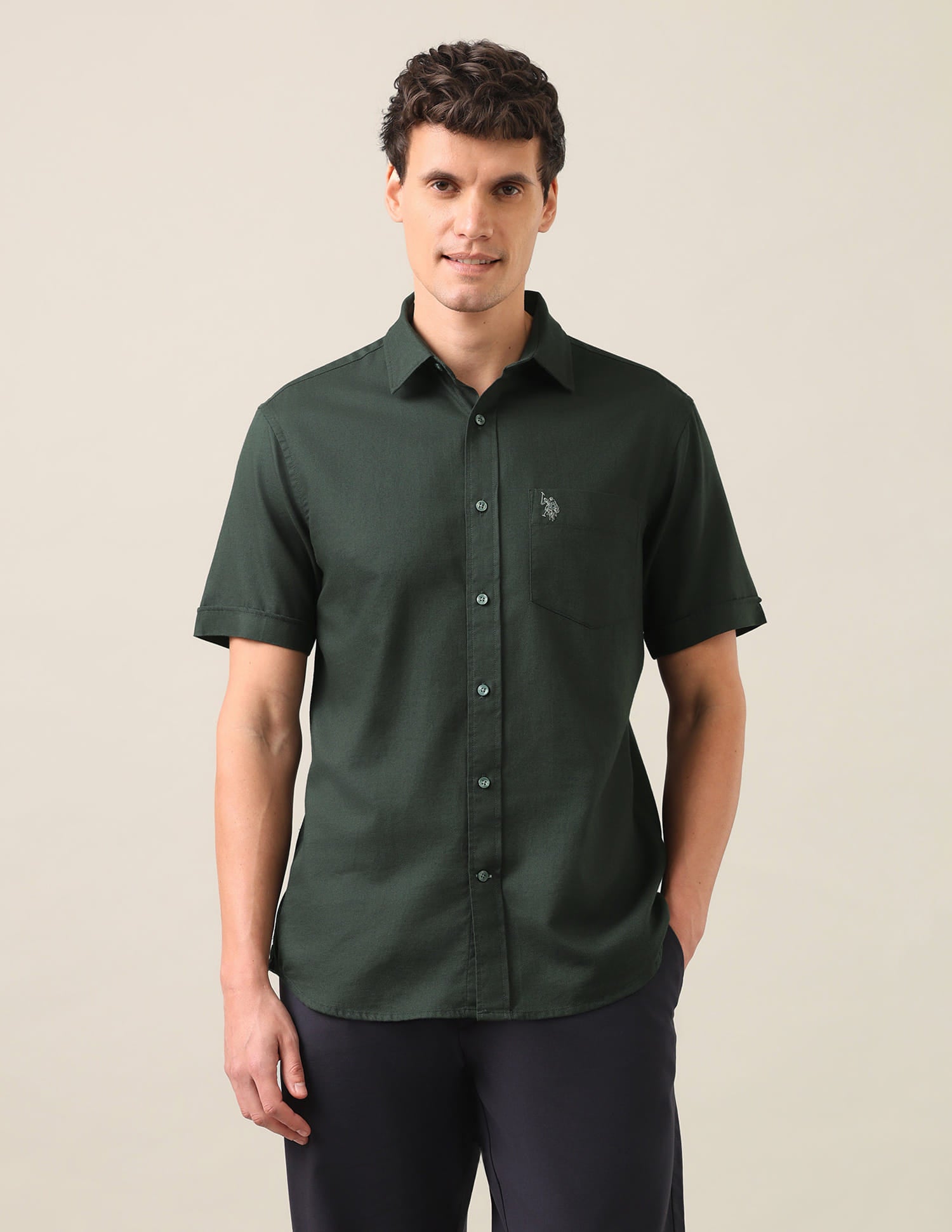 Solid Dobby Shirt Dark Green - U.S. Polo Assn. India | Large