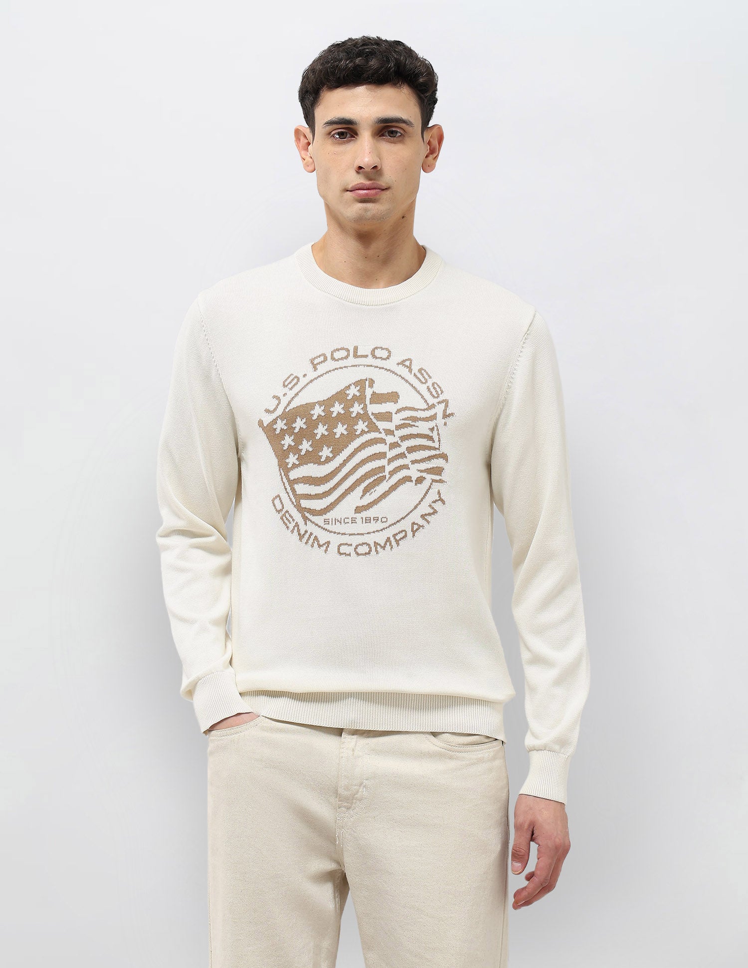 Brand Patterned Knit Regular Fit Sweater Ivory - U.S. POLO ASSN. | Large
