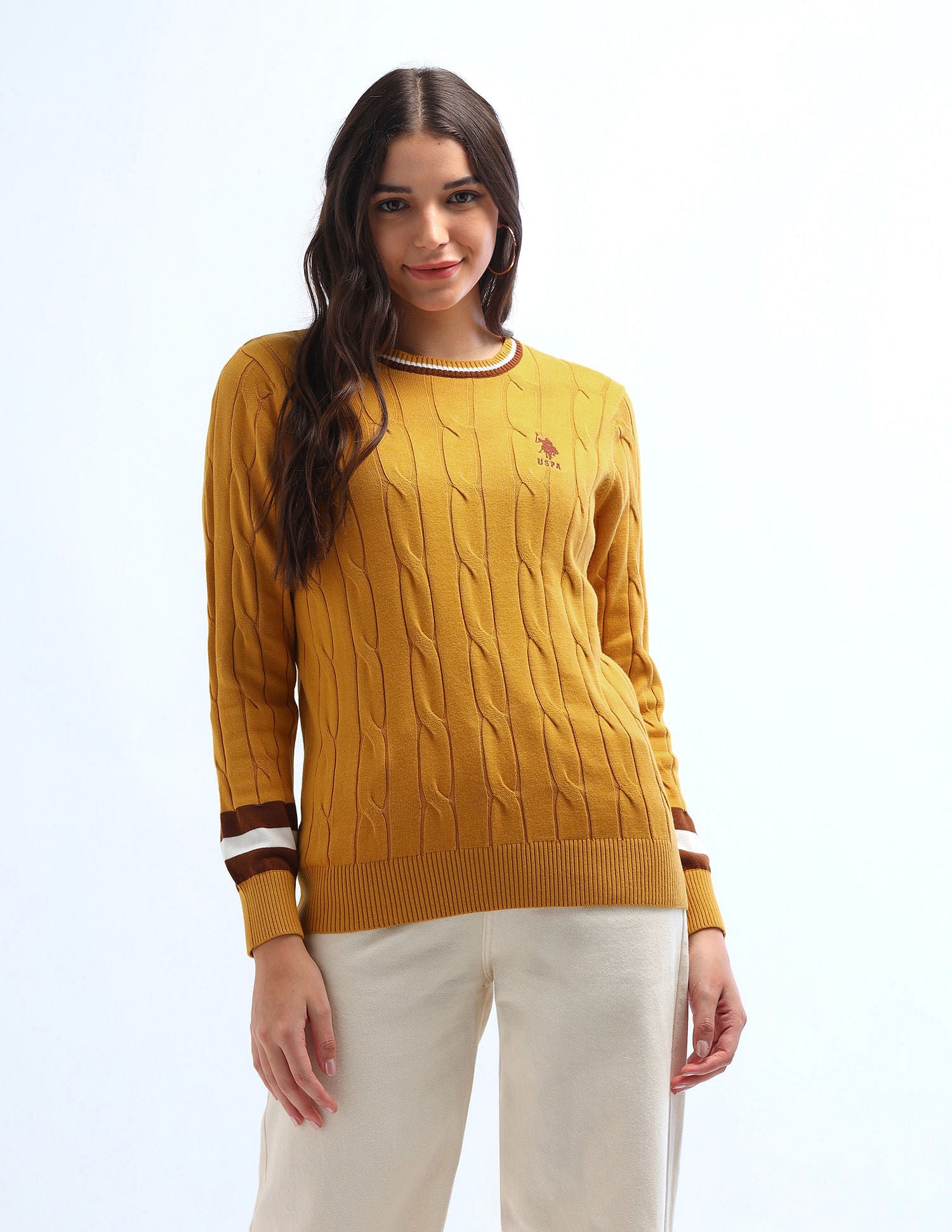 Regular Fit Cable Knit Sweater Tan - U.S. POLO ASSN. | Large