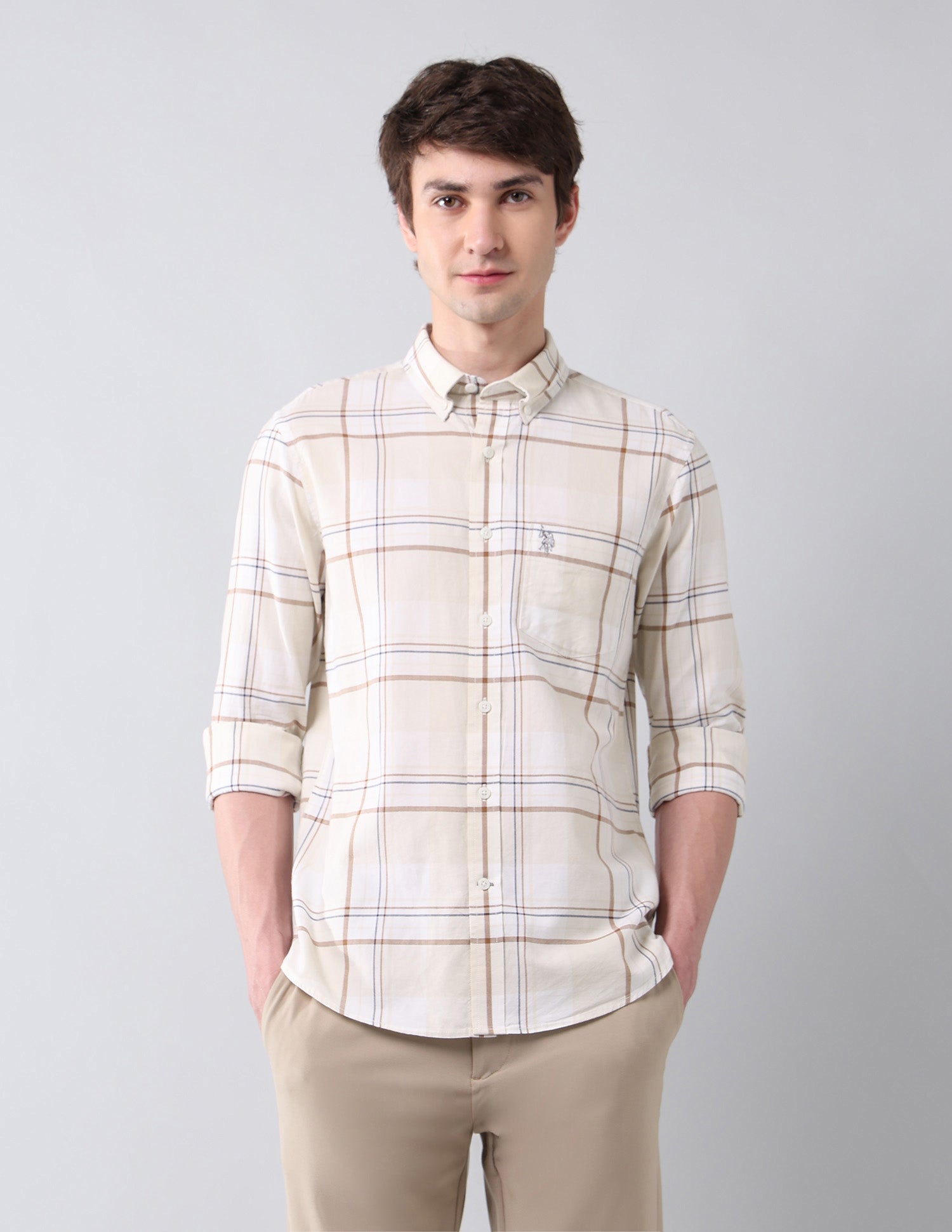 Grid Tattersall Checked Pure Cotton Shirt Ecru - U.S. Polo Assn. India | Large