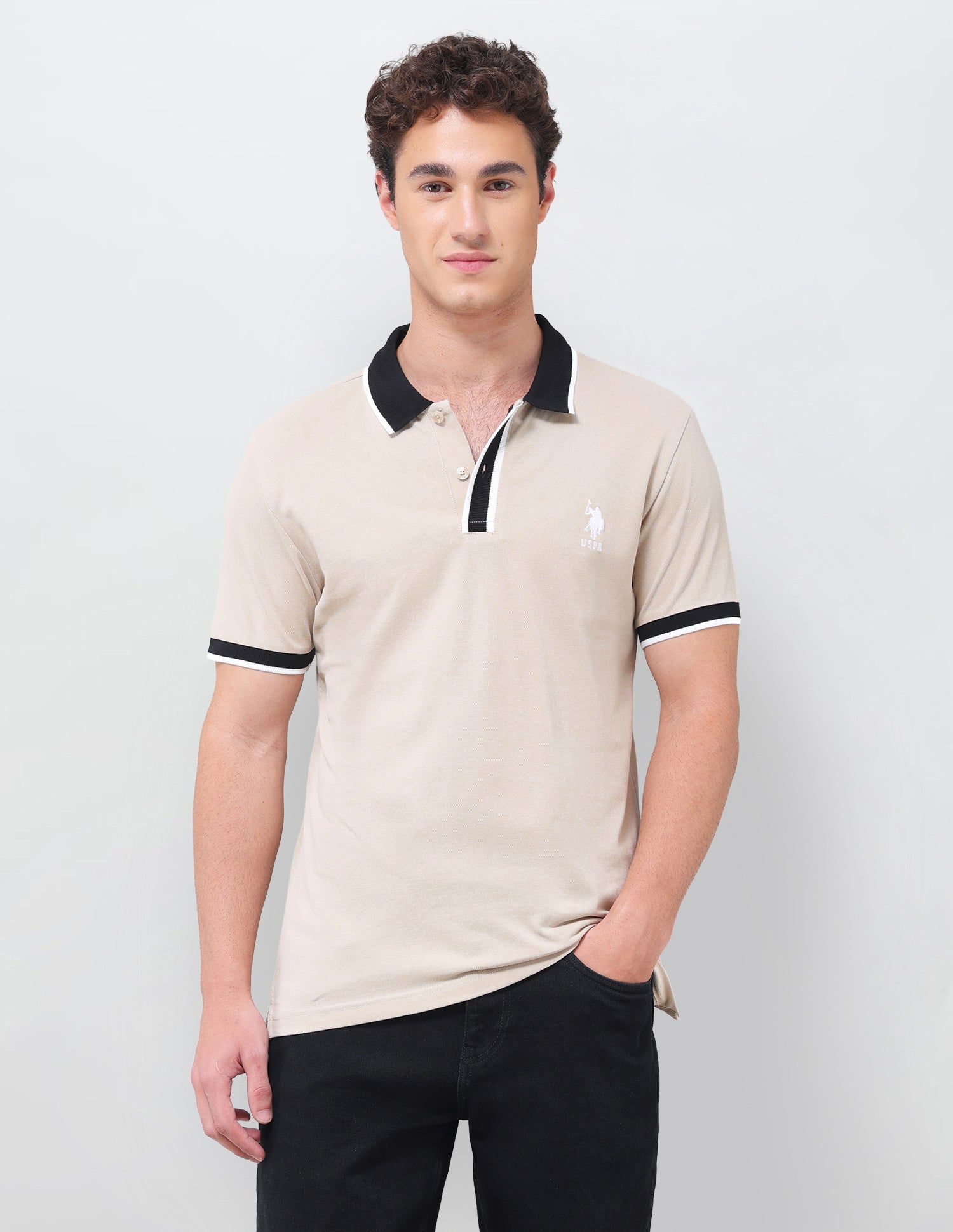 Solid Slim Fit Polo Shirt Beige - U.S. Polo Assn. India | Large