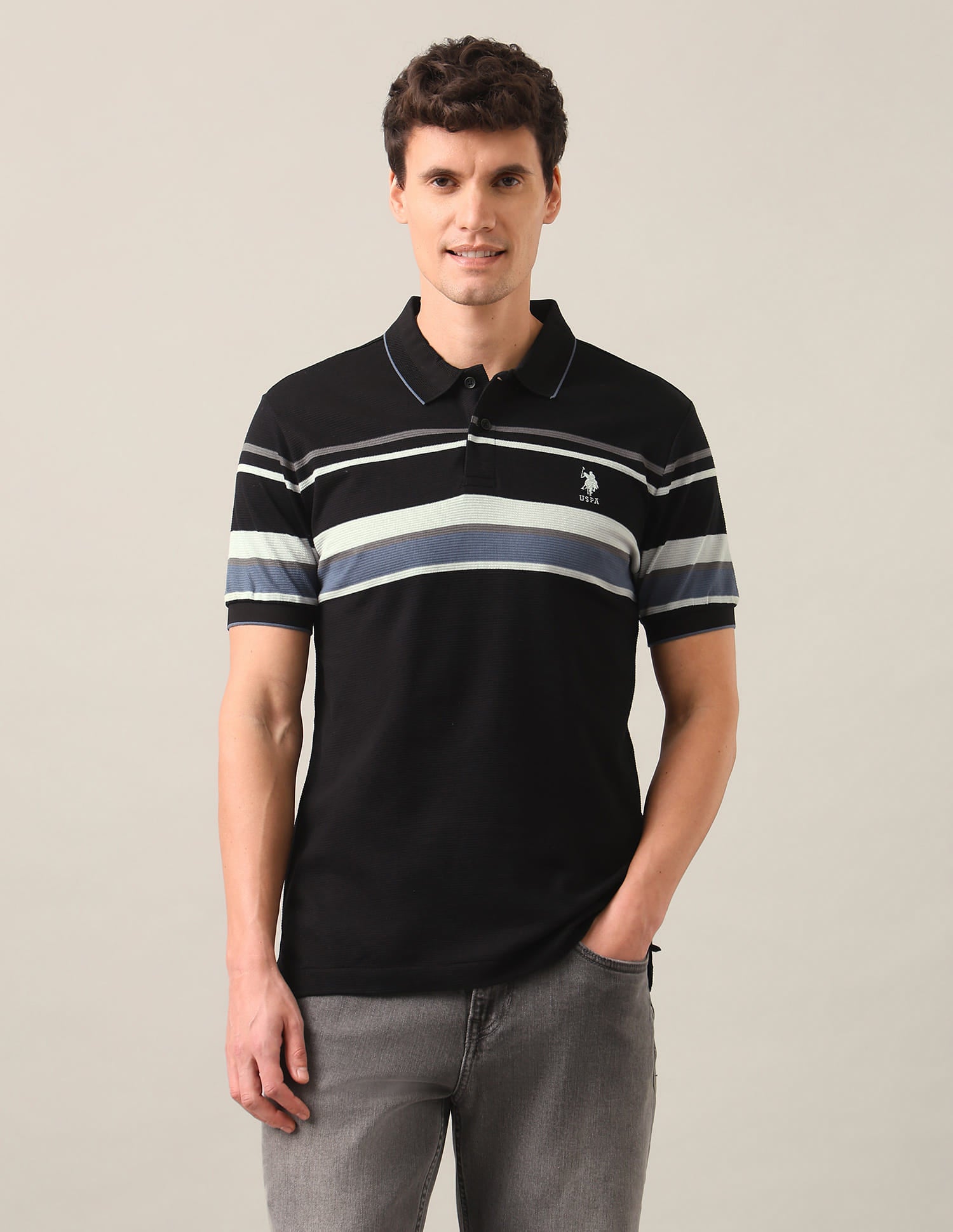 Horizontal Striped Slim Fit Polo Shirt Blue - U.S. Polo Assn. India | Large