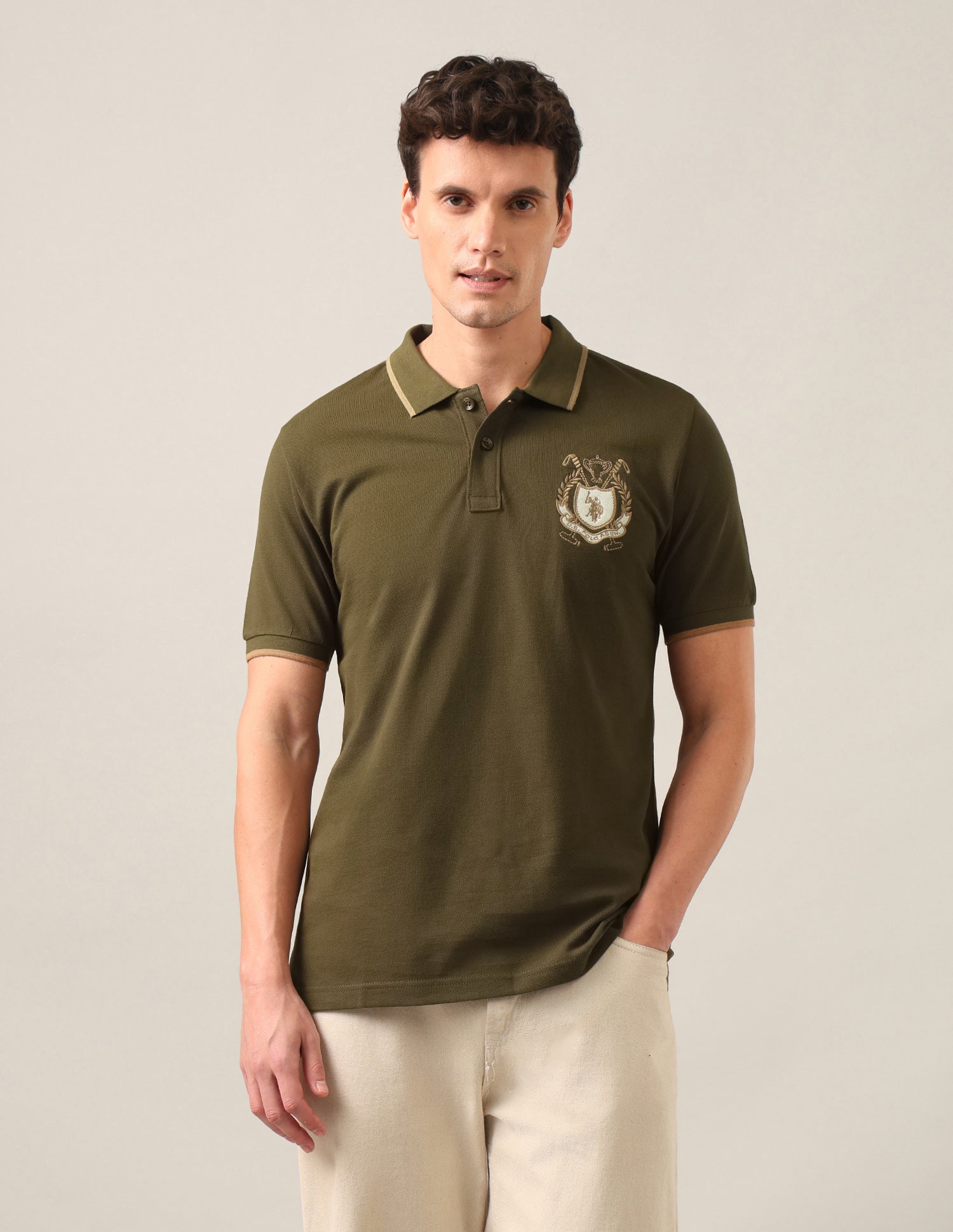 Solid Slim Fit Polo Shirt Olive - U.S. Polo Assn. India | Large