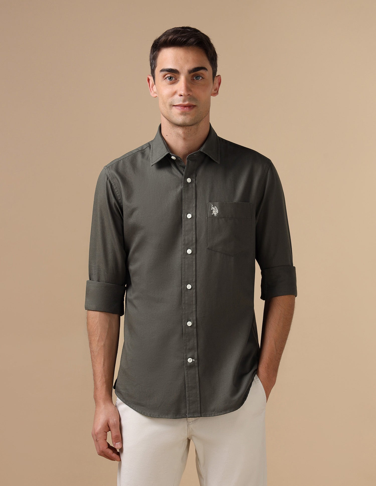 Tailored Fit Pure Cotton Shirt Light Olive - U.S. Polo Assn. India | Large
