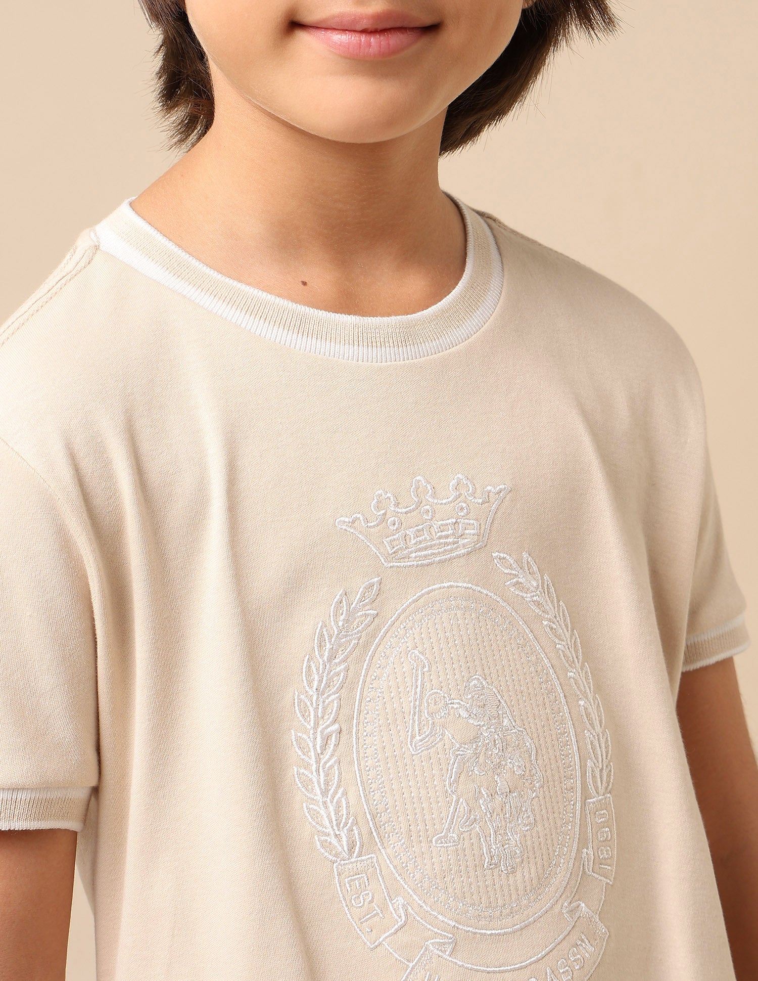 Boys Brand Embroidered Pure Cotton T Shirt Beige - U.S. POLO ASSN. | Large
