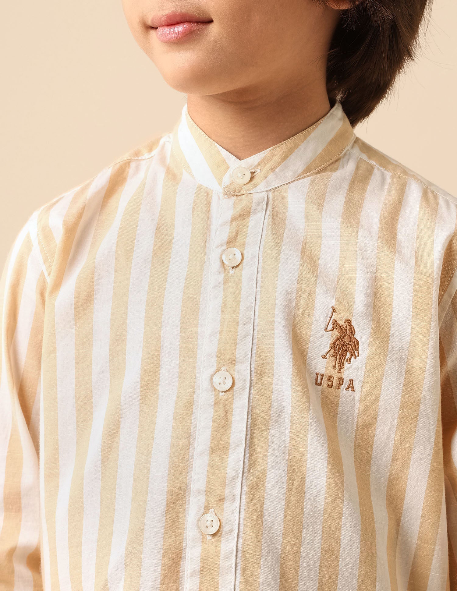 Boys Vertical Striped Mandarin Shirt Beige - U.S. POLO ASSN. | Large