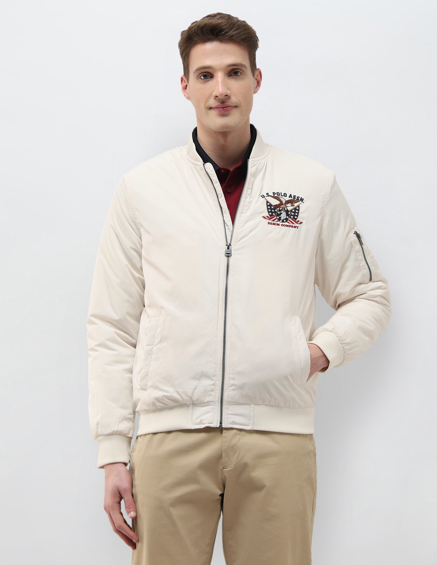 Solid Regular Fit Bomber Jacket Off White - U.S. Polo Assn. India | Large
