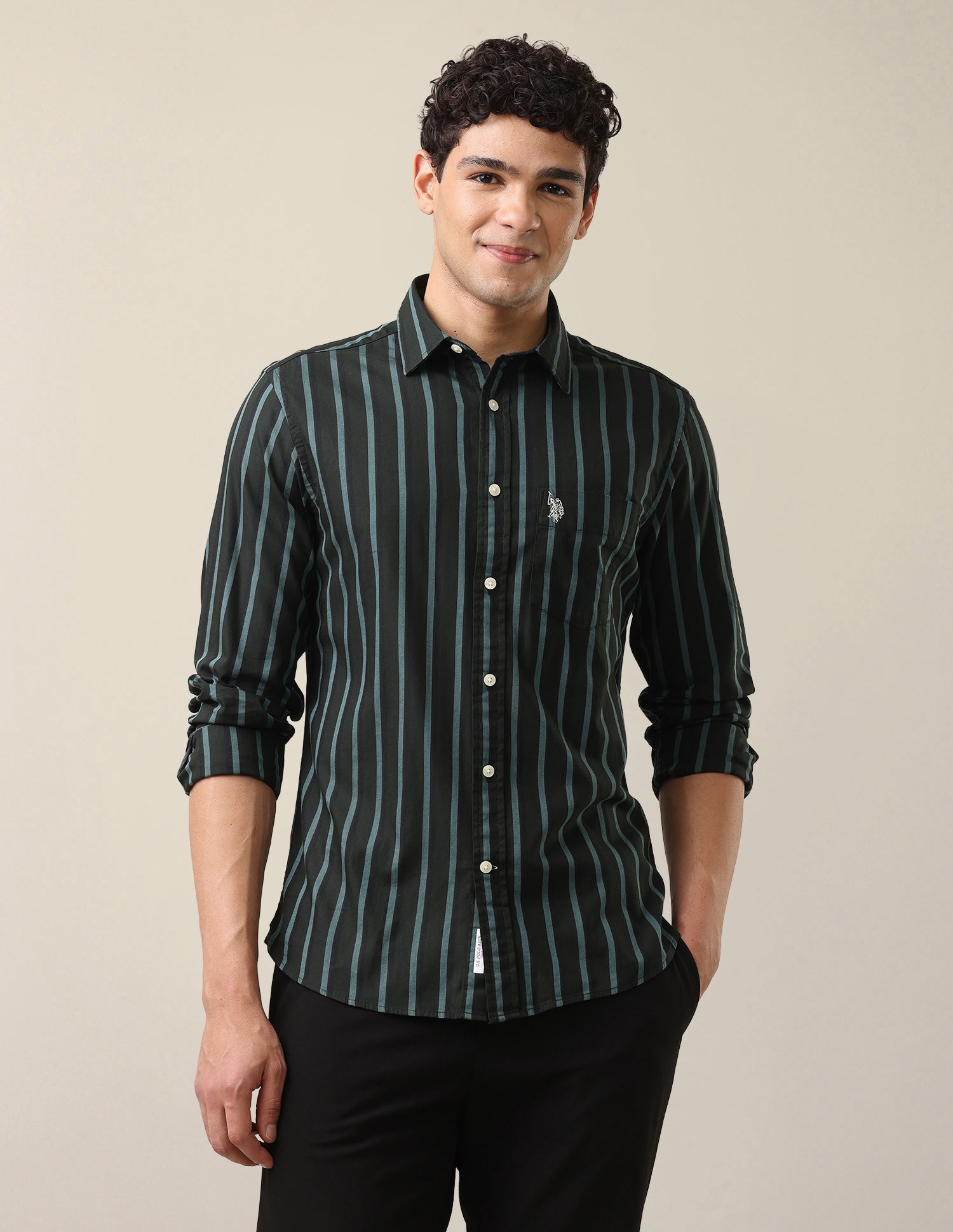Vertical Striped Twill Shirt Dark Green - U.S. Polo Assn. India | Large