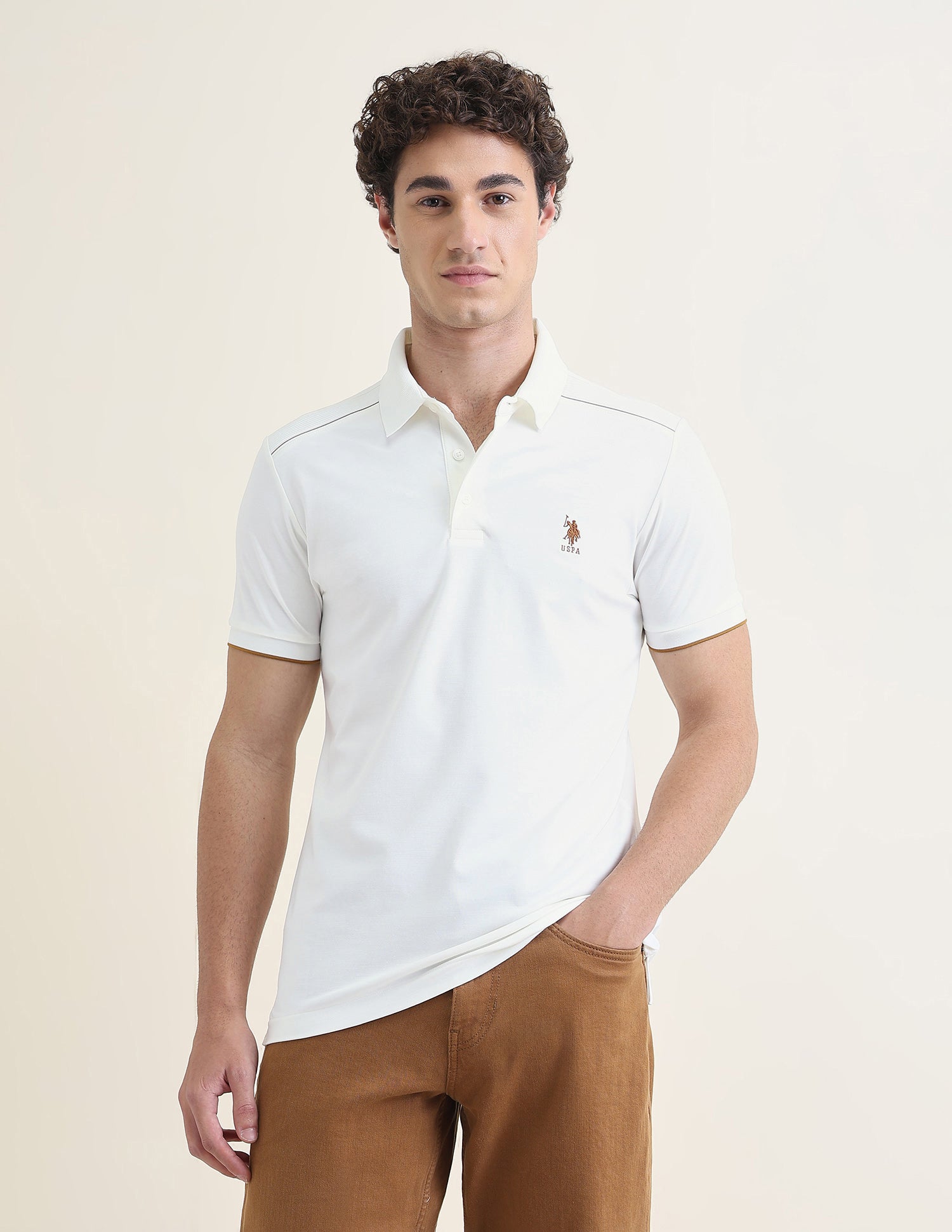 Solid Slim Fit Polo Shirt Off White - U.S. Polo Assn. India | Large