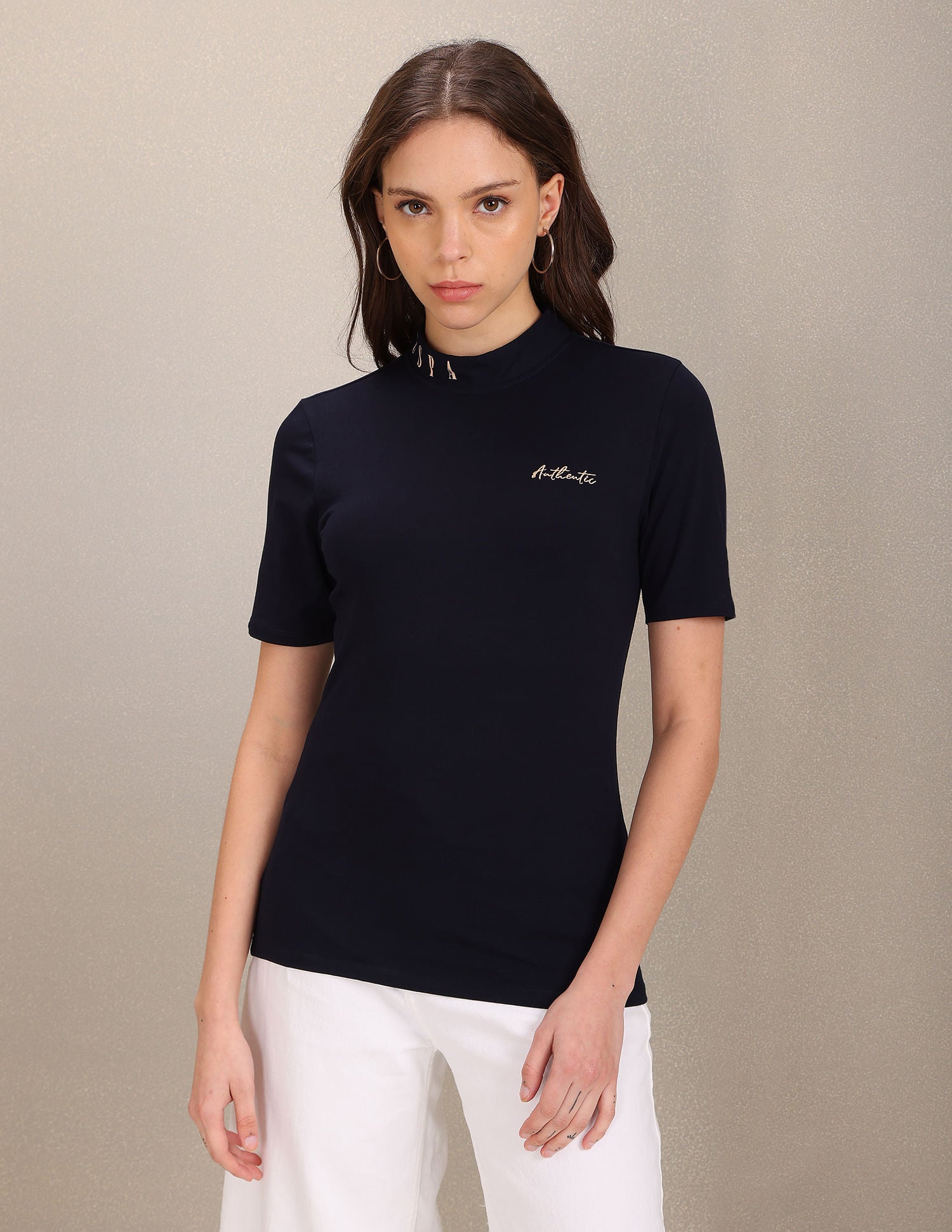 Stand Neck Typographic Print Solid T-Shirt Navy - U.S. POLO ASSN. | Large