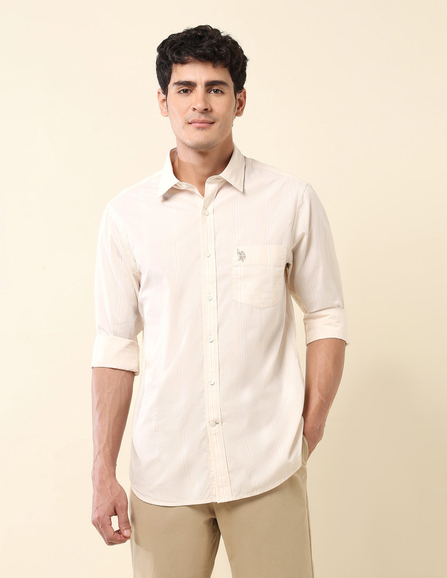 Pinstriped Pure Cotton Shirt Beige - U.S. Polo Assn. India | Large