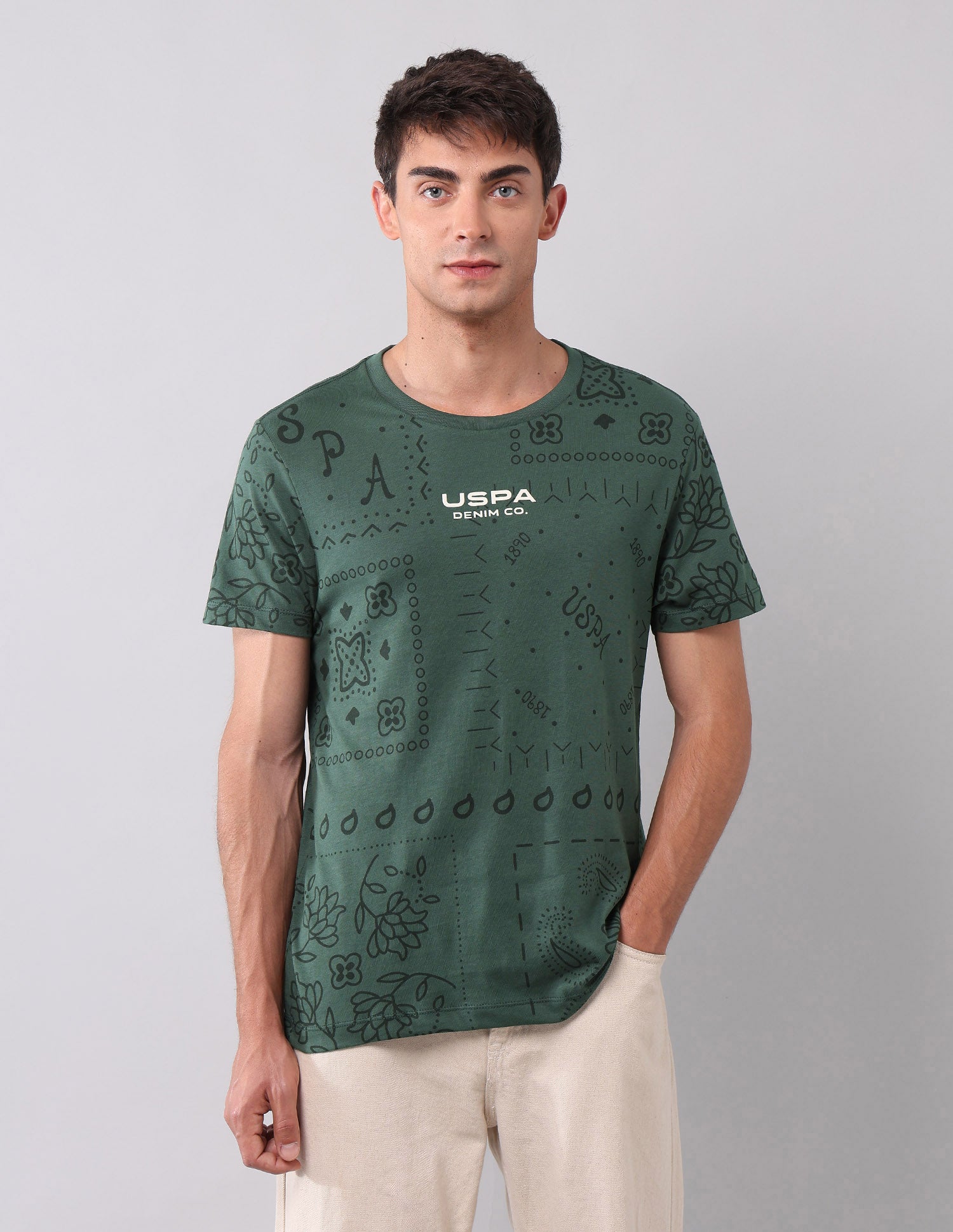 All Over Printed Pure Cotton T-Shirt Olive - U.S. Polo Assn. India | Large