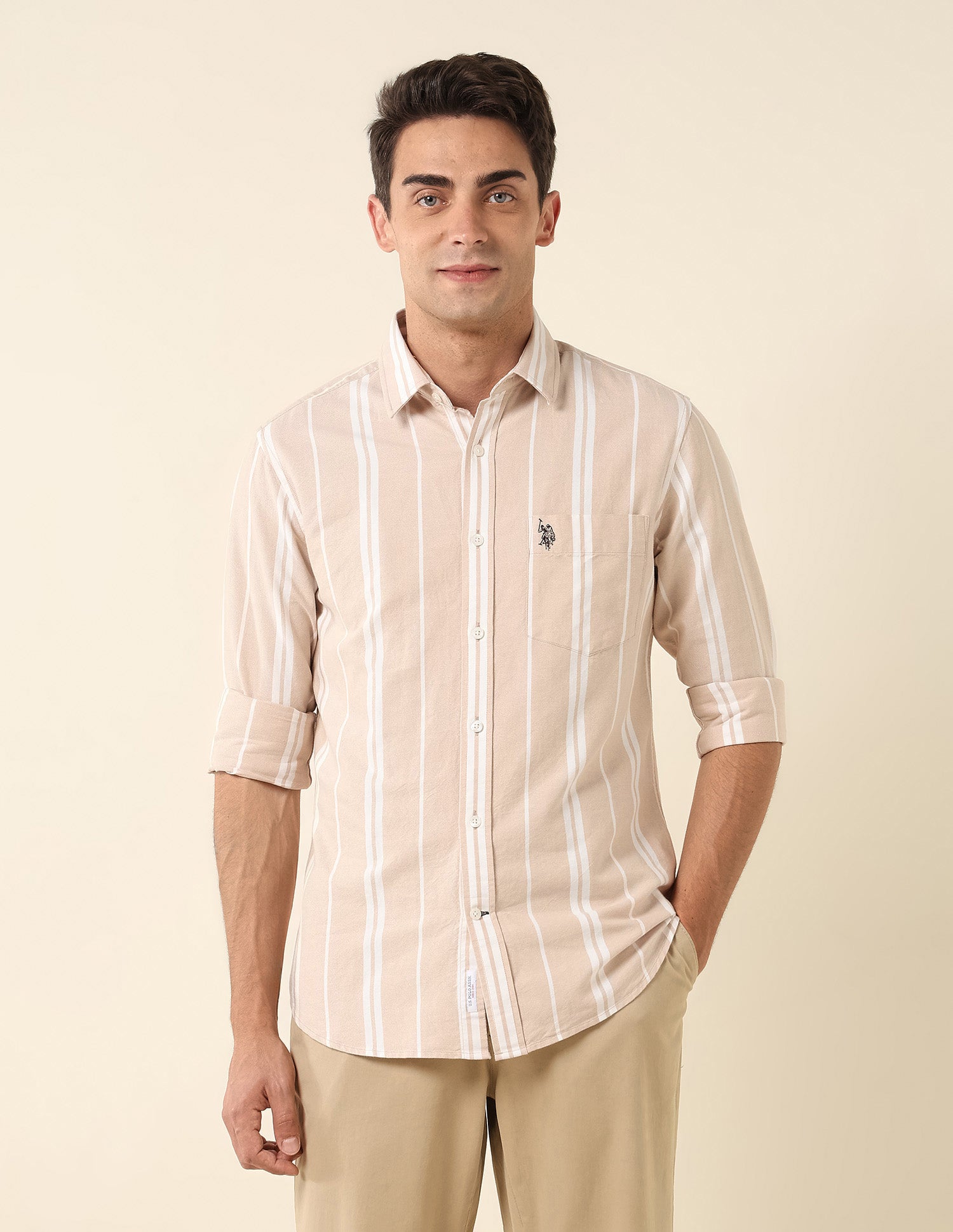 Vertical Striped Tailored Fit Shirt Beige - U.S. Polo Assn. India | Large