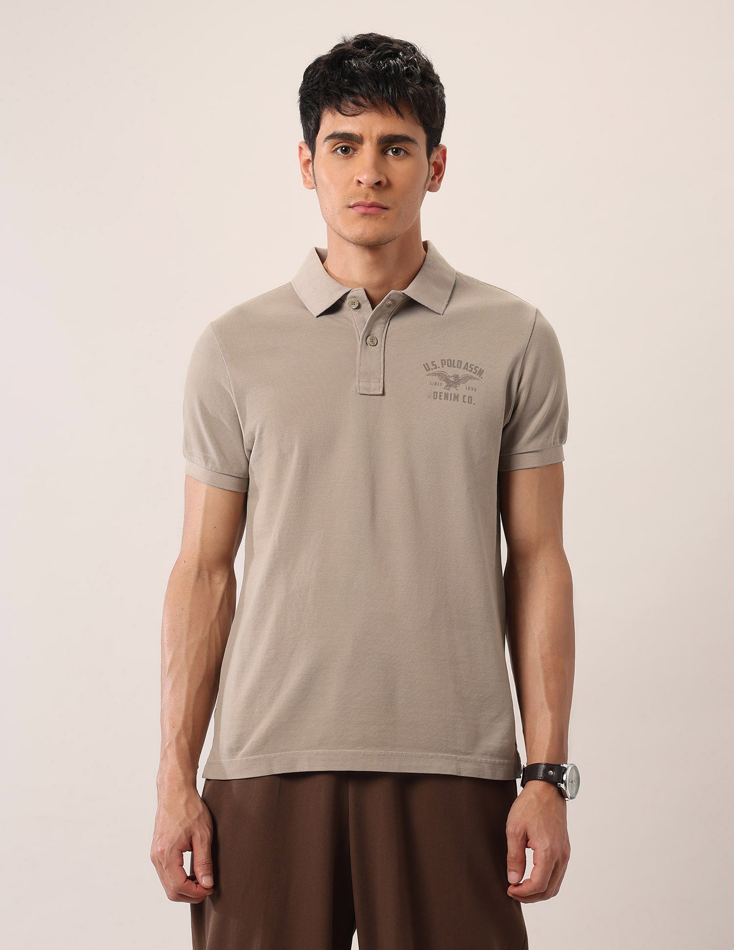 Brand Printed Muscle Fit Polo Shirt Beige - U.S. Polo Assn. India | Large