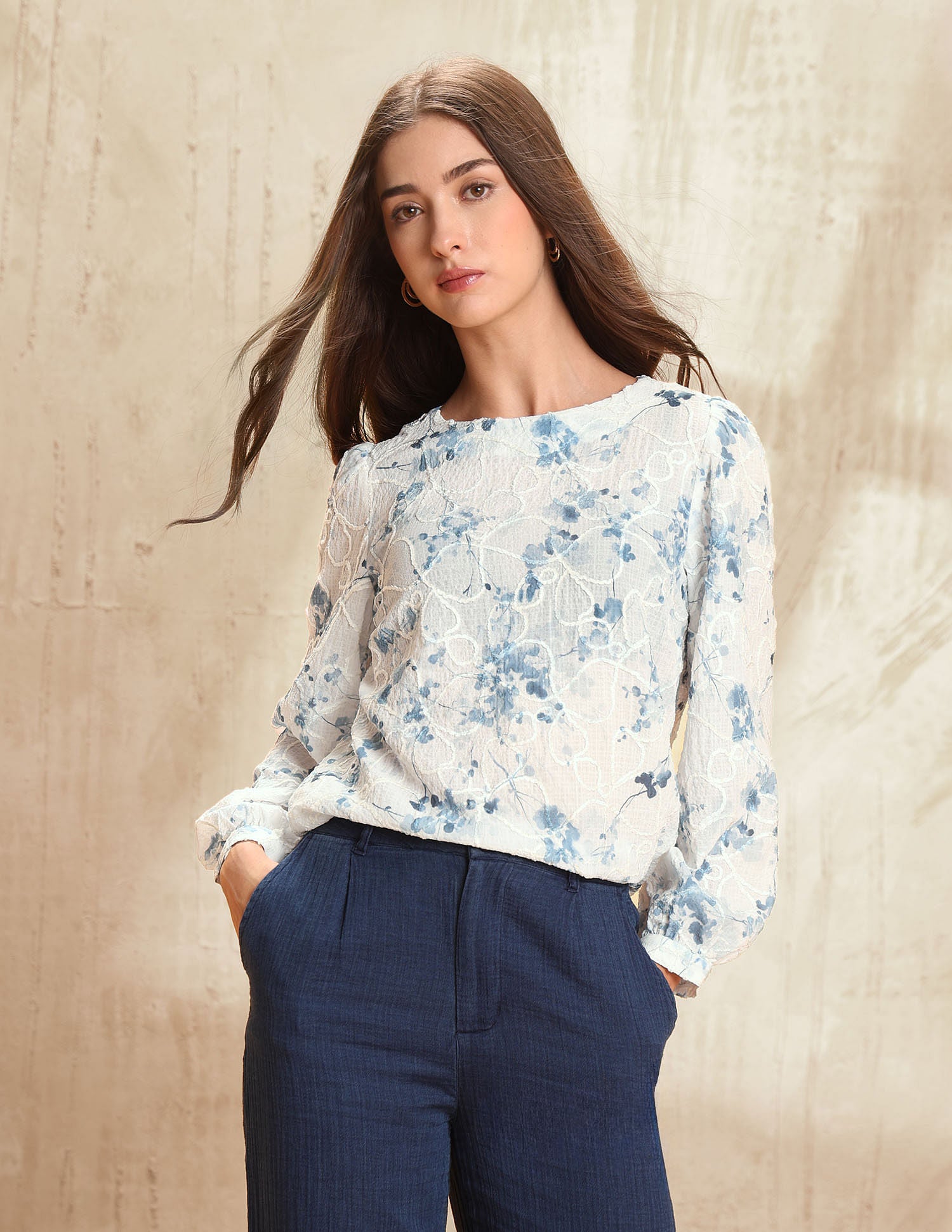 Floral Textured Top Blue - U.S. POLO ASSN. | Large