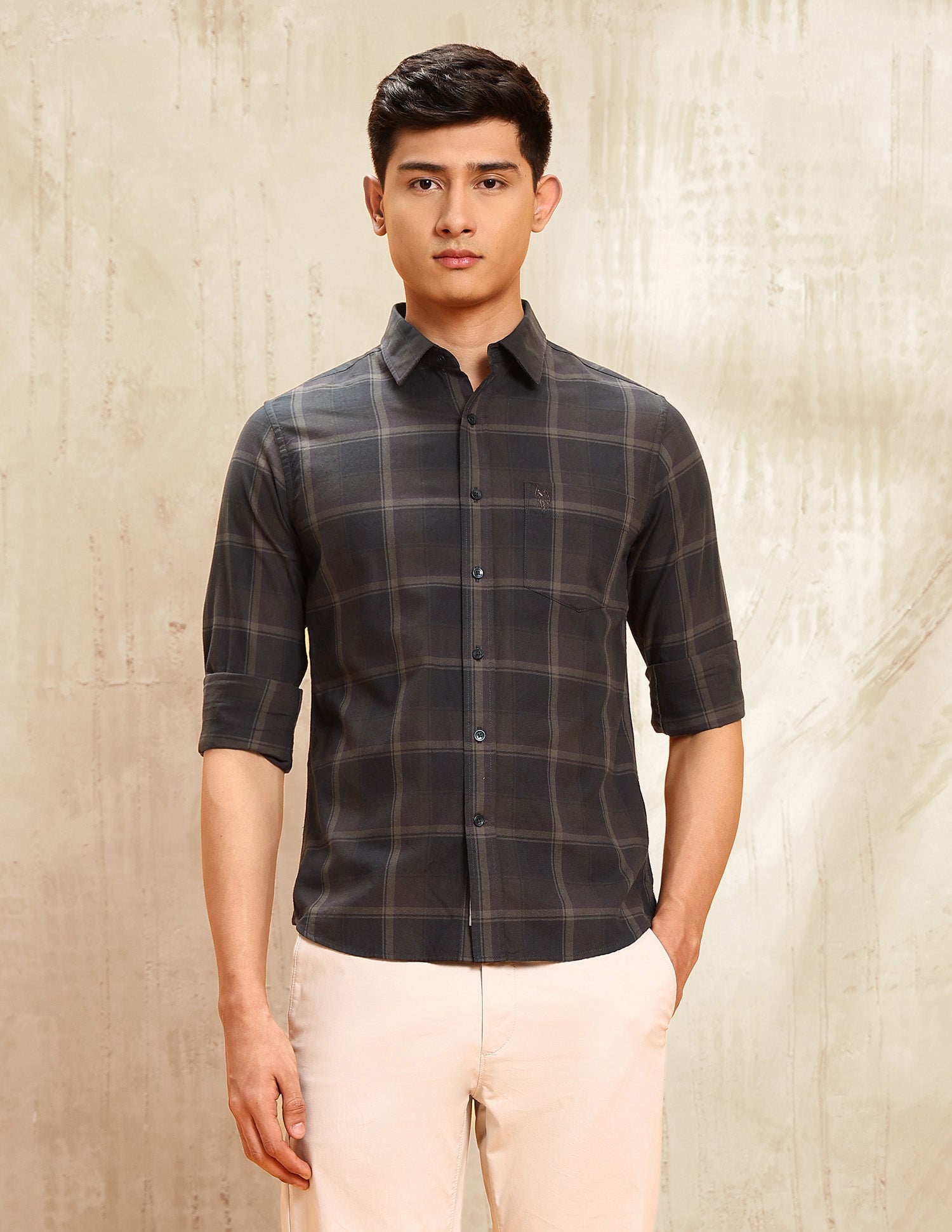 Windowpane Checked Tailored Fit Shirt Brown - U.S. POLO ASSN. | Large