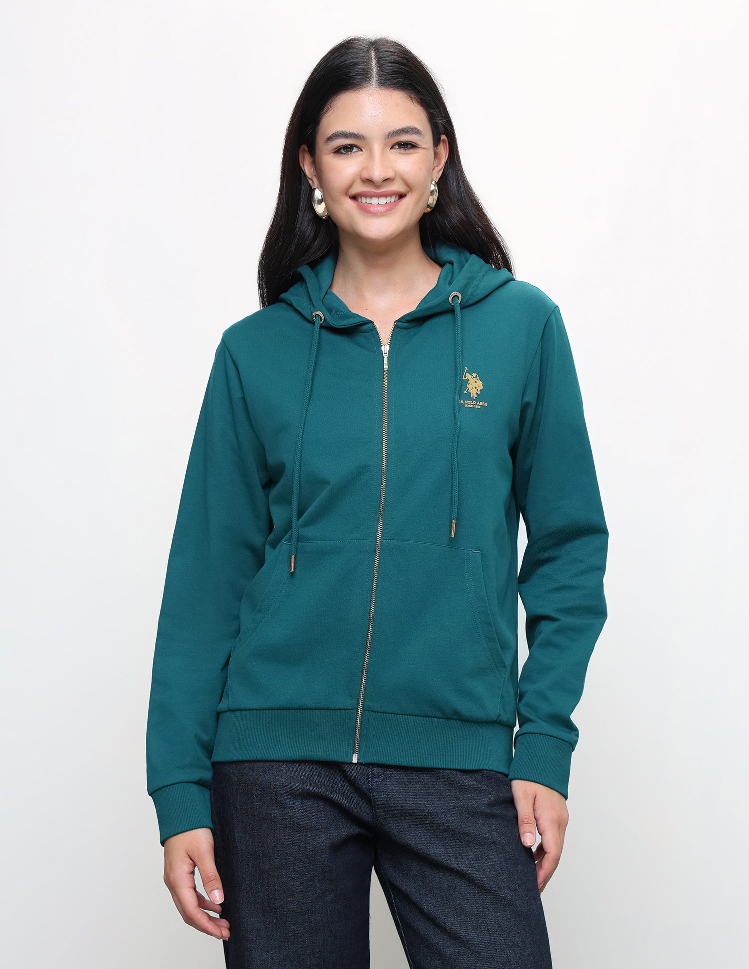 Solid Regular Fit Zipper Sweatshirt Teal - U.S. Polo Assn. India | Large