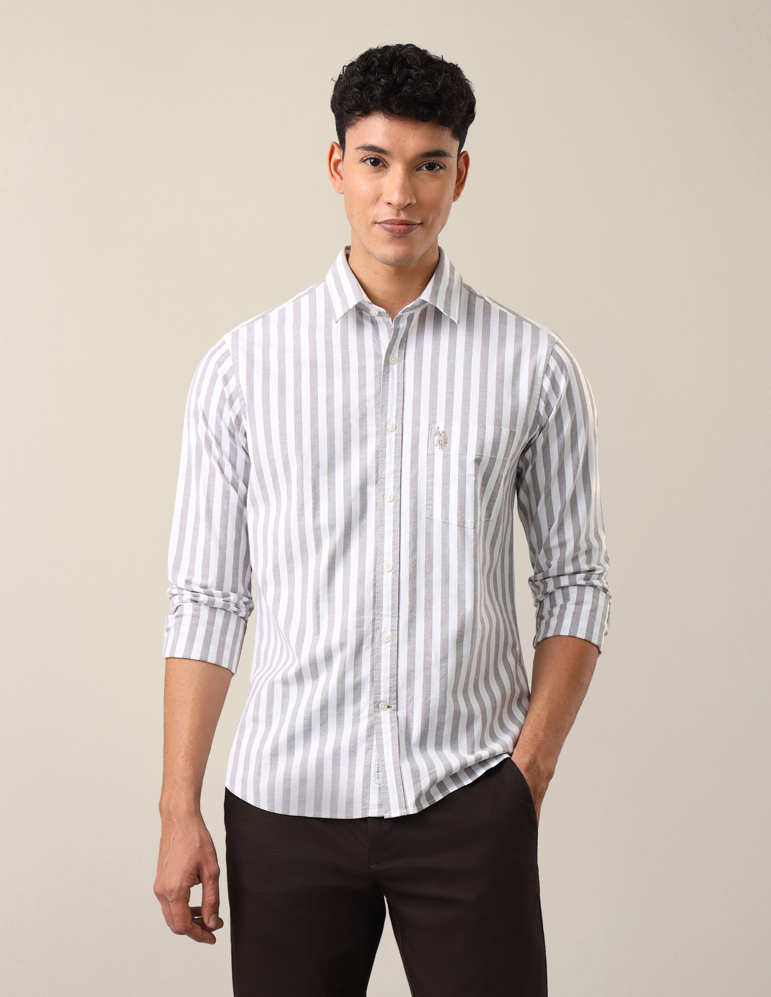 Tailored Fit Vertical Striped Shirt Grey - U.S. Polo Assn. India | Large