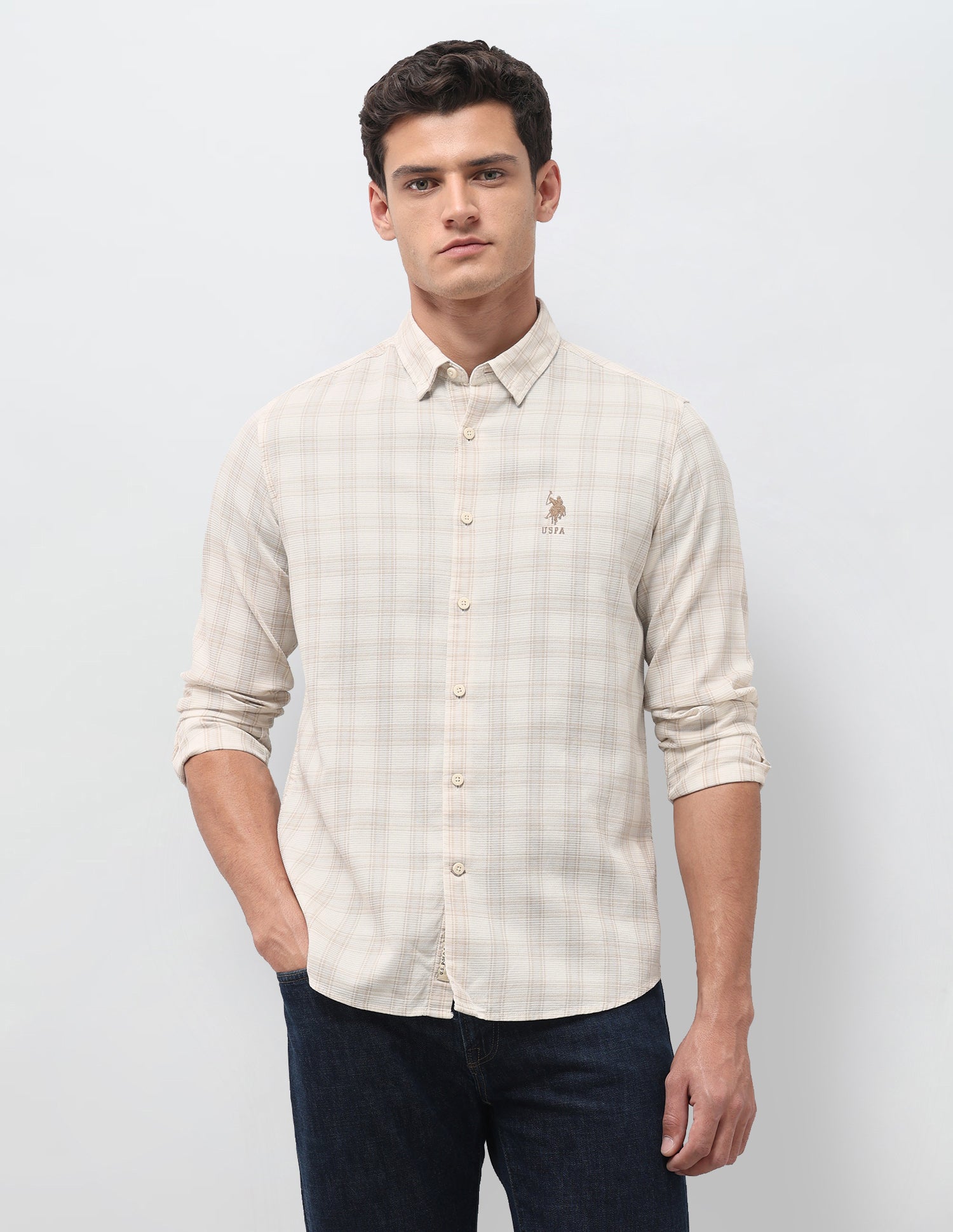 Textured With Tartan Checked Regular Fit Shirt Beige - U.S. Polo Assn. India | Large