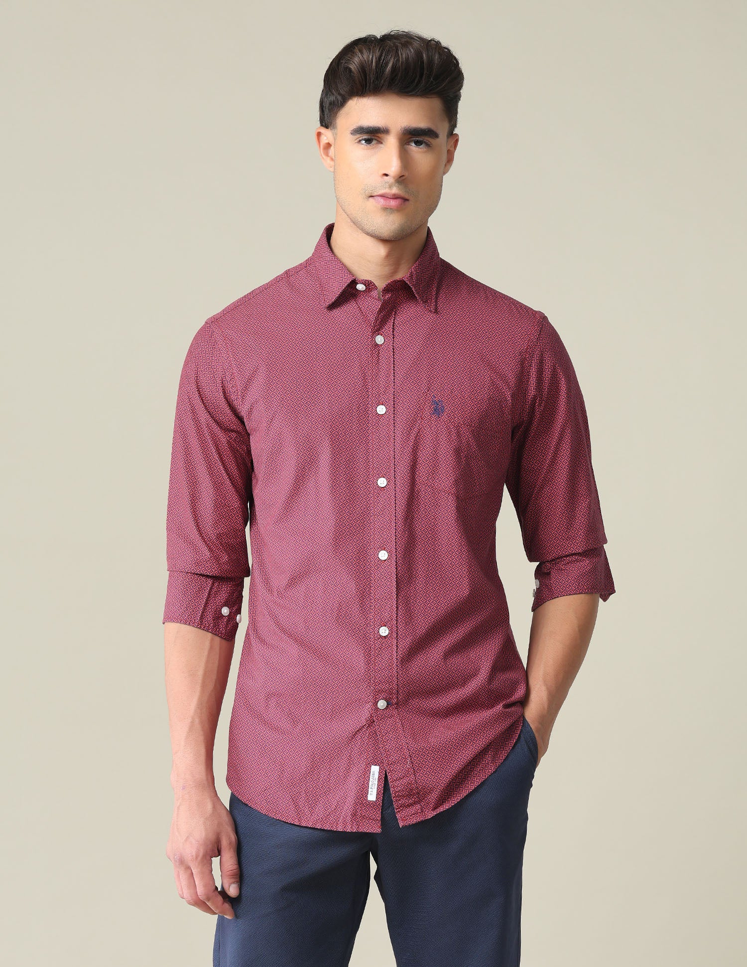 Spread Collar Geometric Shirt Red - U.S. POLO ASSN. | Large