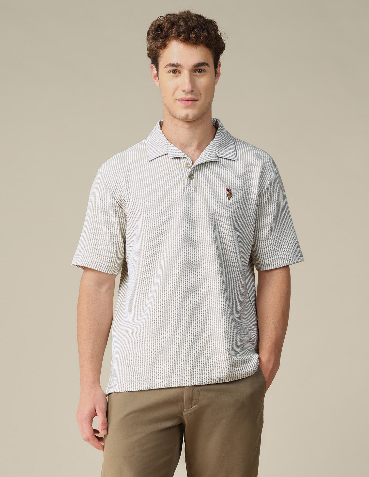 Vertical Striped Relaxed Fit Polo Shirt Khaki - U.S. Polo Assn. India | Large