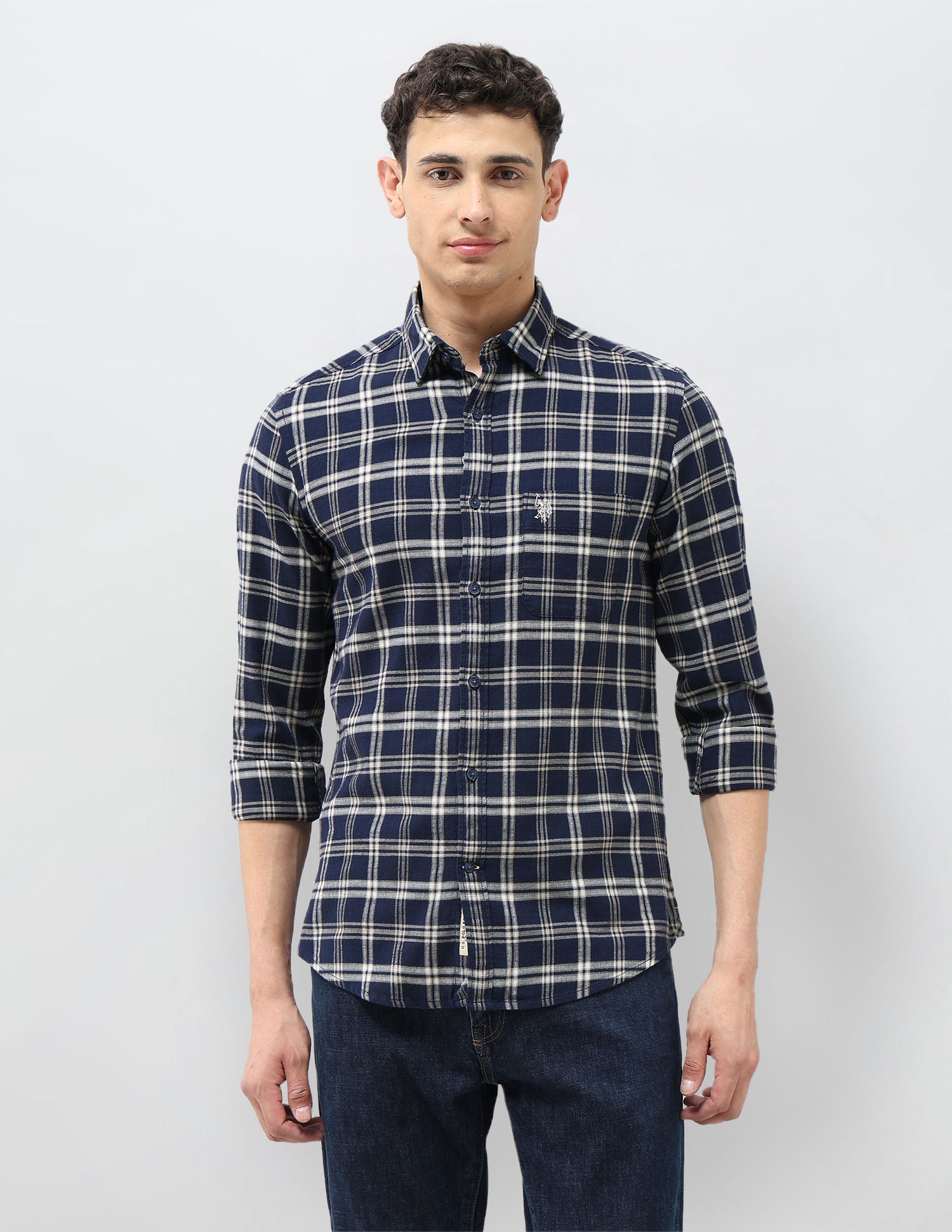 Tartan Checked Herringbone Shirt Navy - U.S. POLO ASSN. | Large