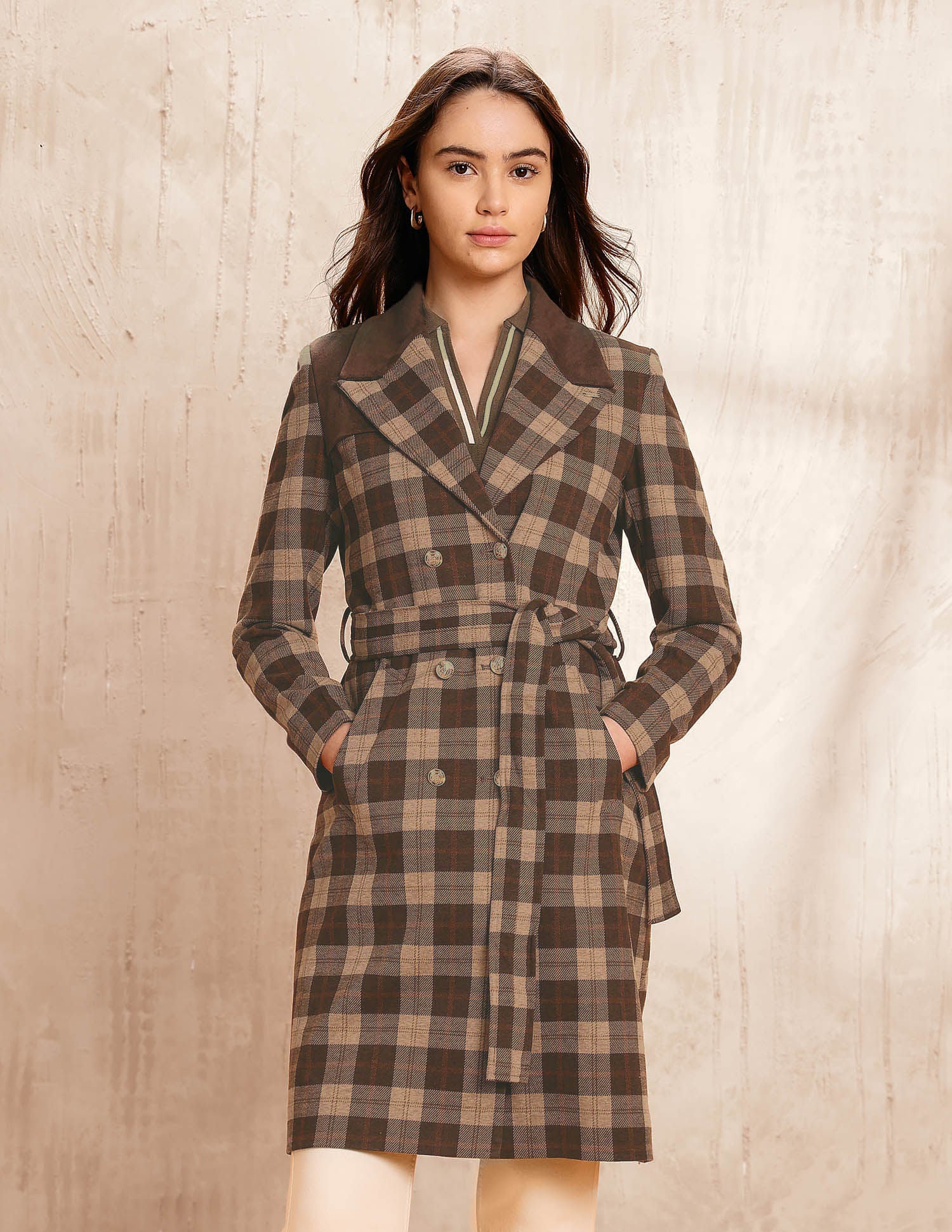 Checked Double Breasted Notch Lapel Trench Coat Brown - U.S. POLO ASSN. | Large