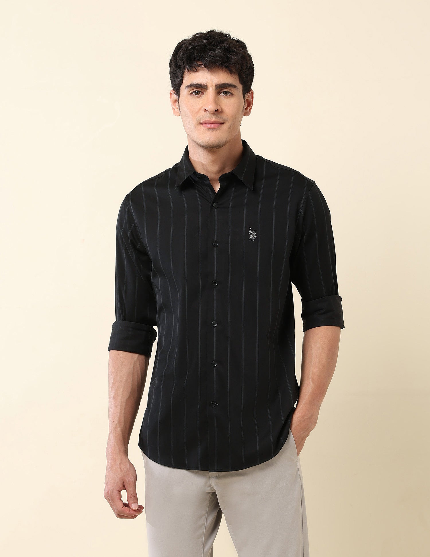 Vertical Striped Pure Cotton Shirt Dark Grey - U.S. Polo Assn. India | Large