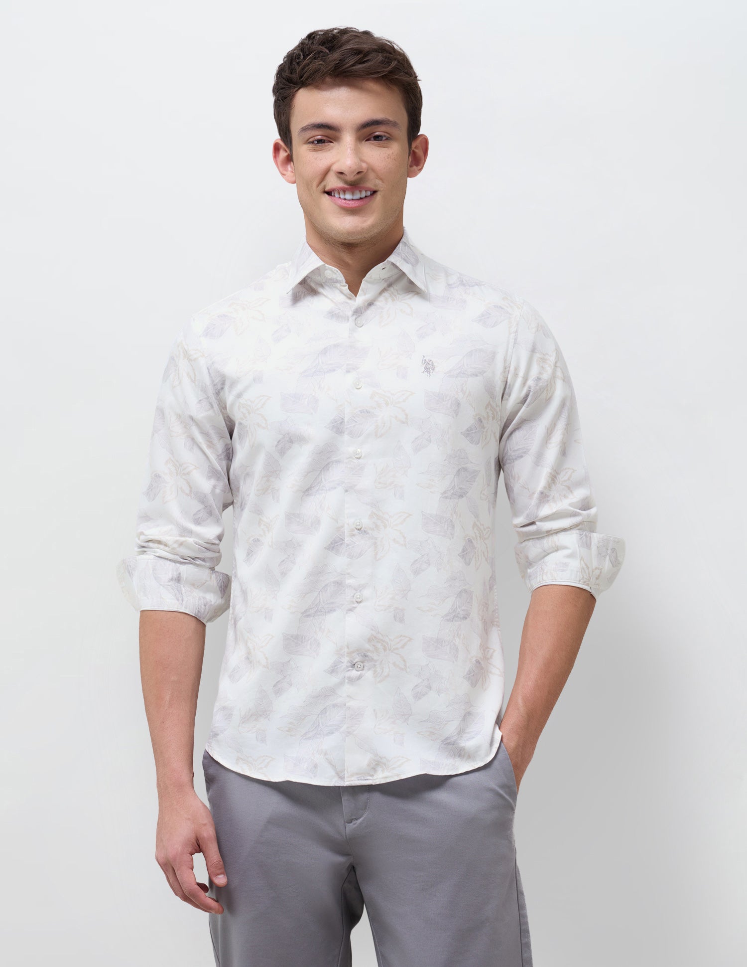 Satin Floral Printed Shirt Light Grey - U.S. Polo Assn. India | Large