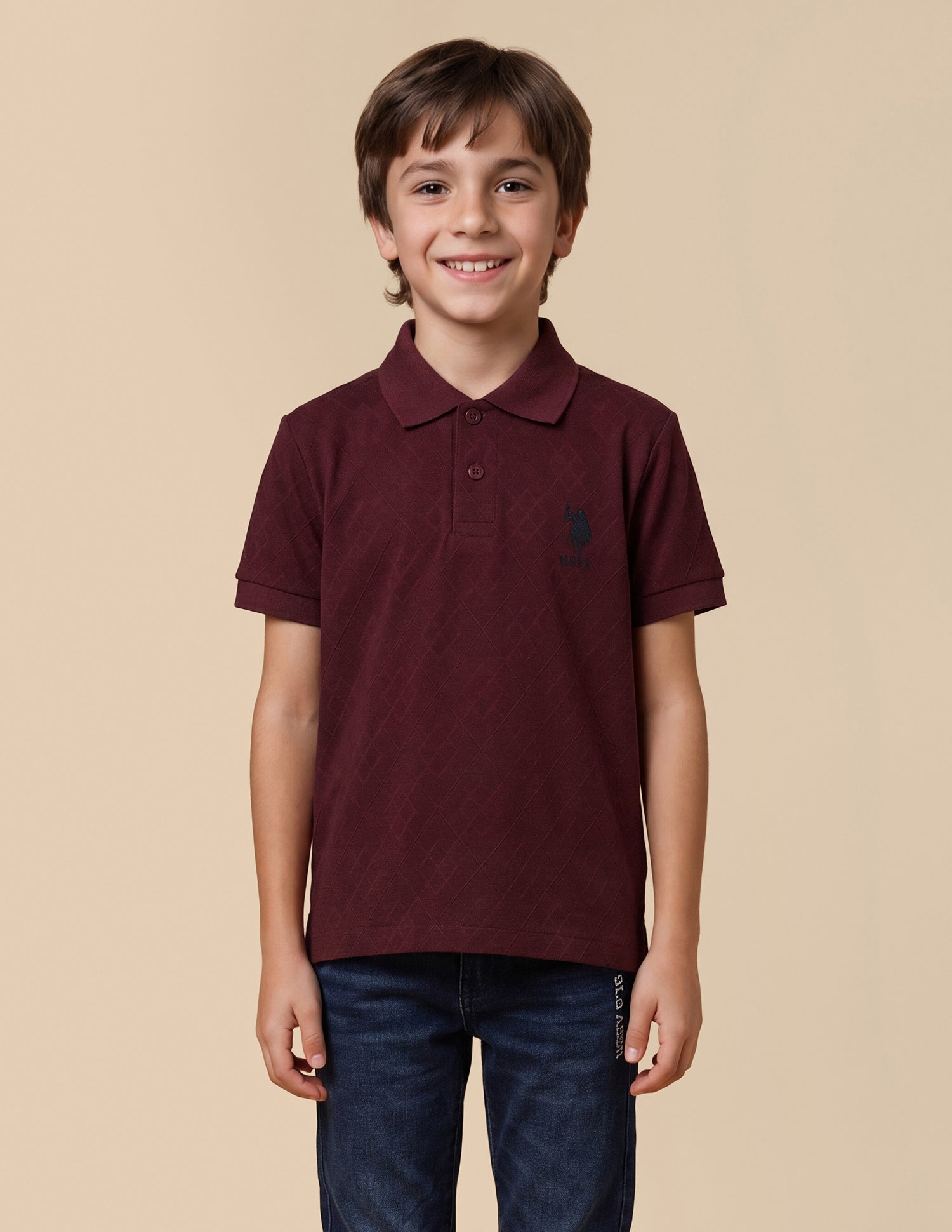 Geometric Self Design Regular Fit Polo Shirt Dark Red - U.S. Polo Assn. India | Large