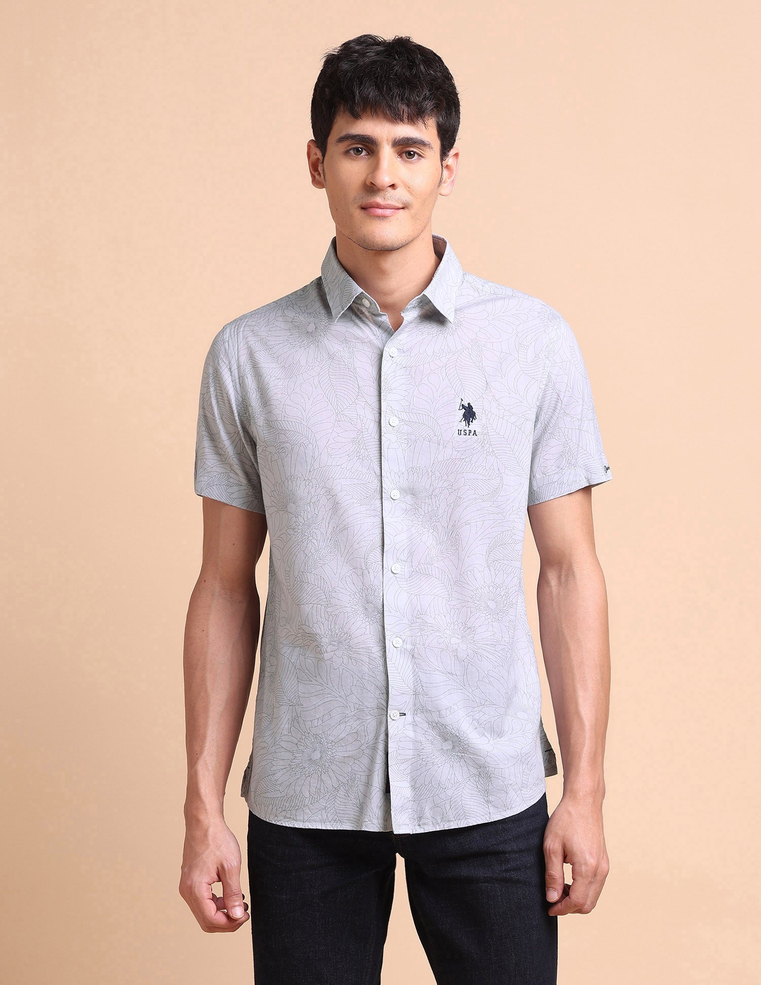 Manhattan Slim Fit Floral Printed Shirt Light Grey - U.S. POLO ASSN. | Large