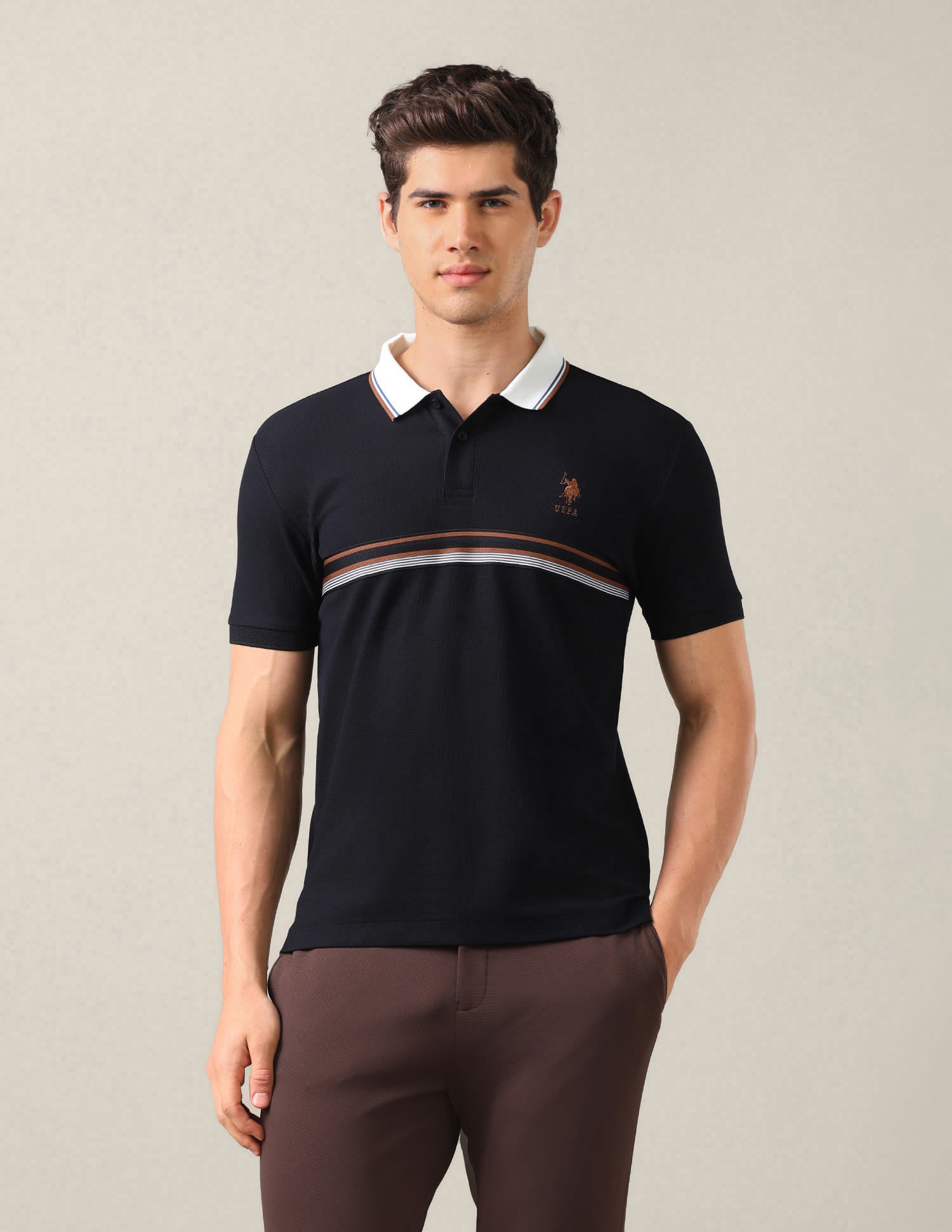 Solid With Stripe Detail Slim Fit Polo Shirt Blue - U.S. Polo Assn. India | Large