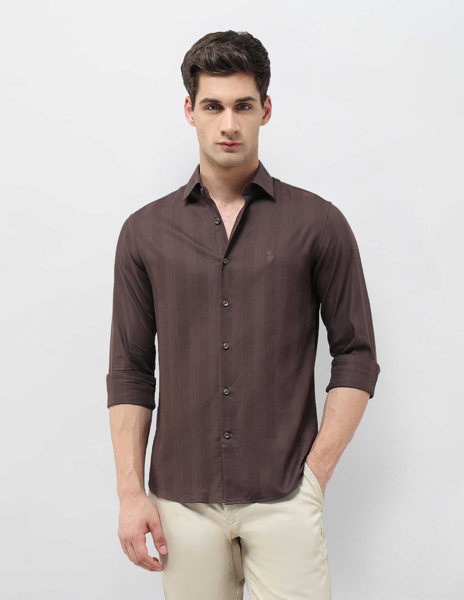 Textured Vertical Striped Dobby Shirt Brown - U.S. POLO ASSN. | Large