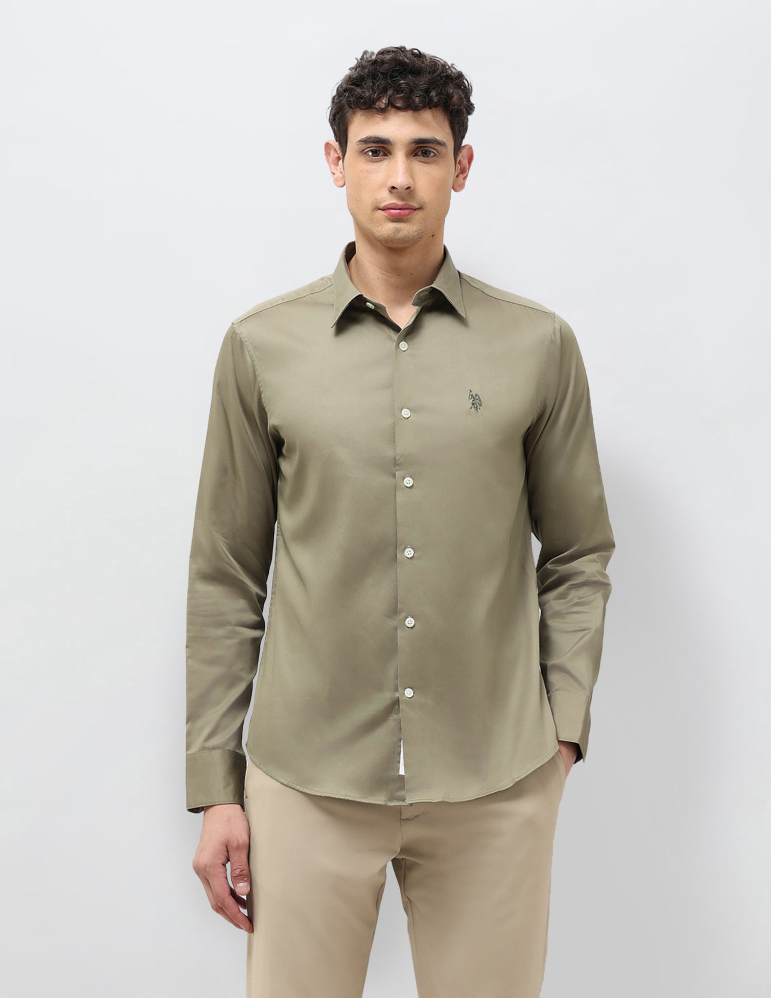 Satin Tailored Fit Shirt Light Olive - U.S. POLO ASSN. | Large