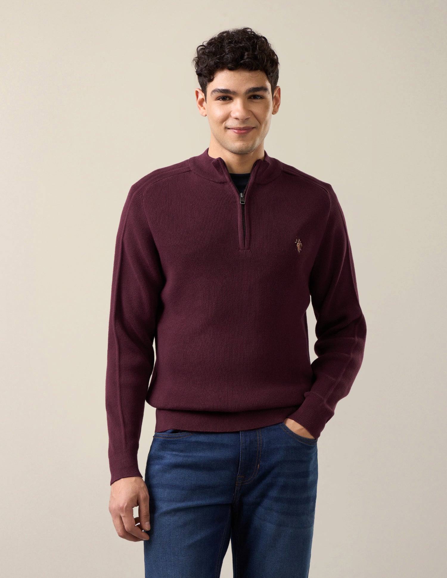 Solid Regular Fit Sweater Maroon - U.S. Polo Assn. India | Large