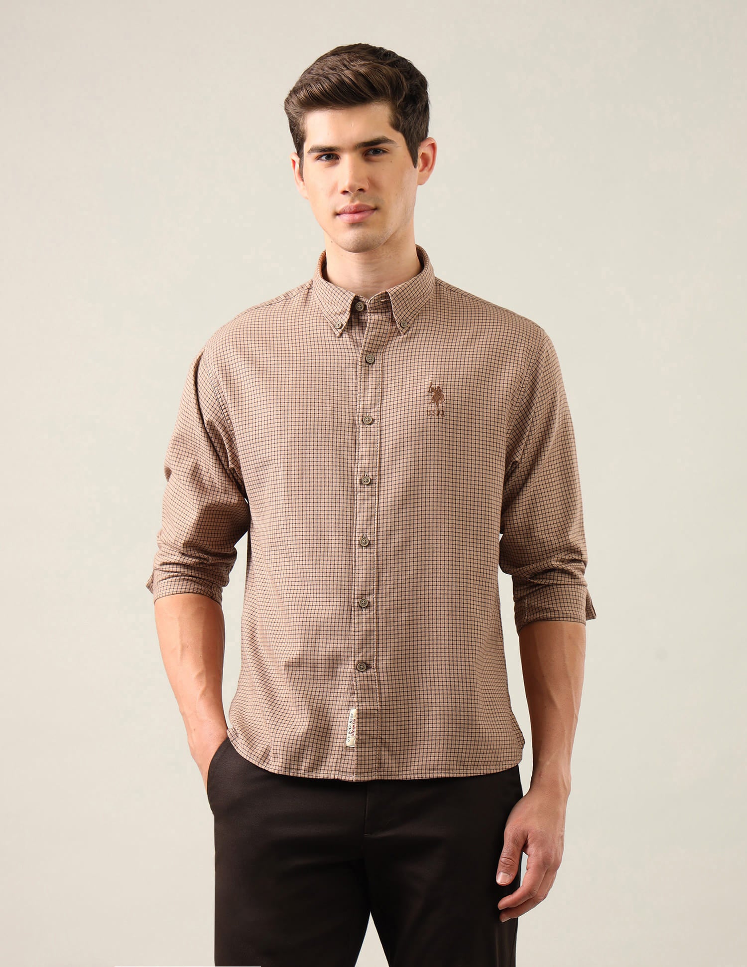Micro Checked Regular Fit Shirt Beige - U.S. Polo Assn. India | Large