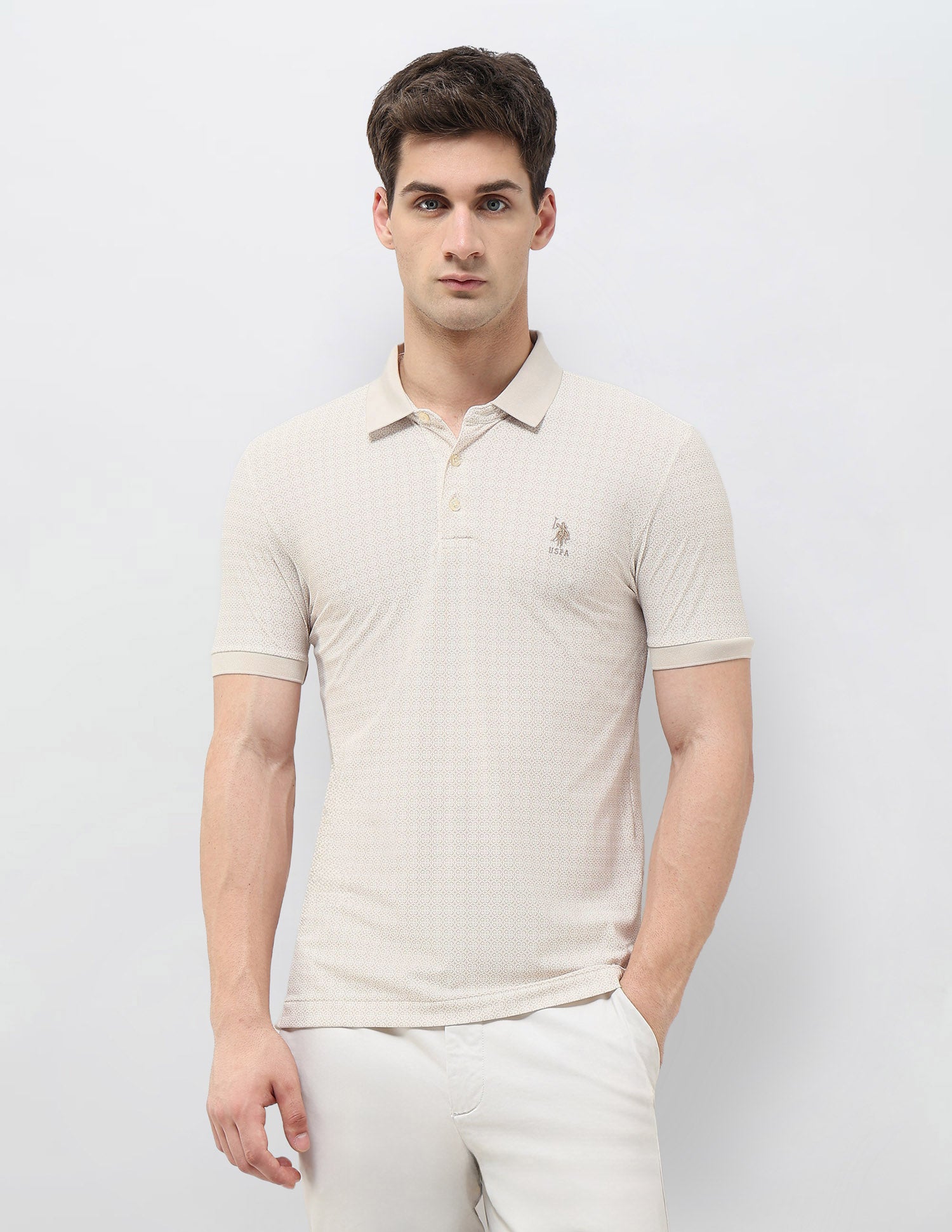 All-Over Printed Slim Fit Polo Shirt Beige - U.S. Polo Assn. India | Large