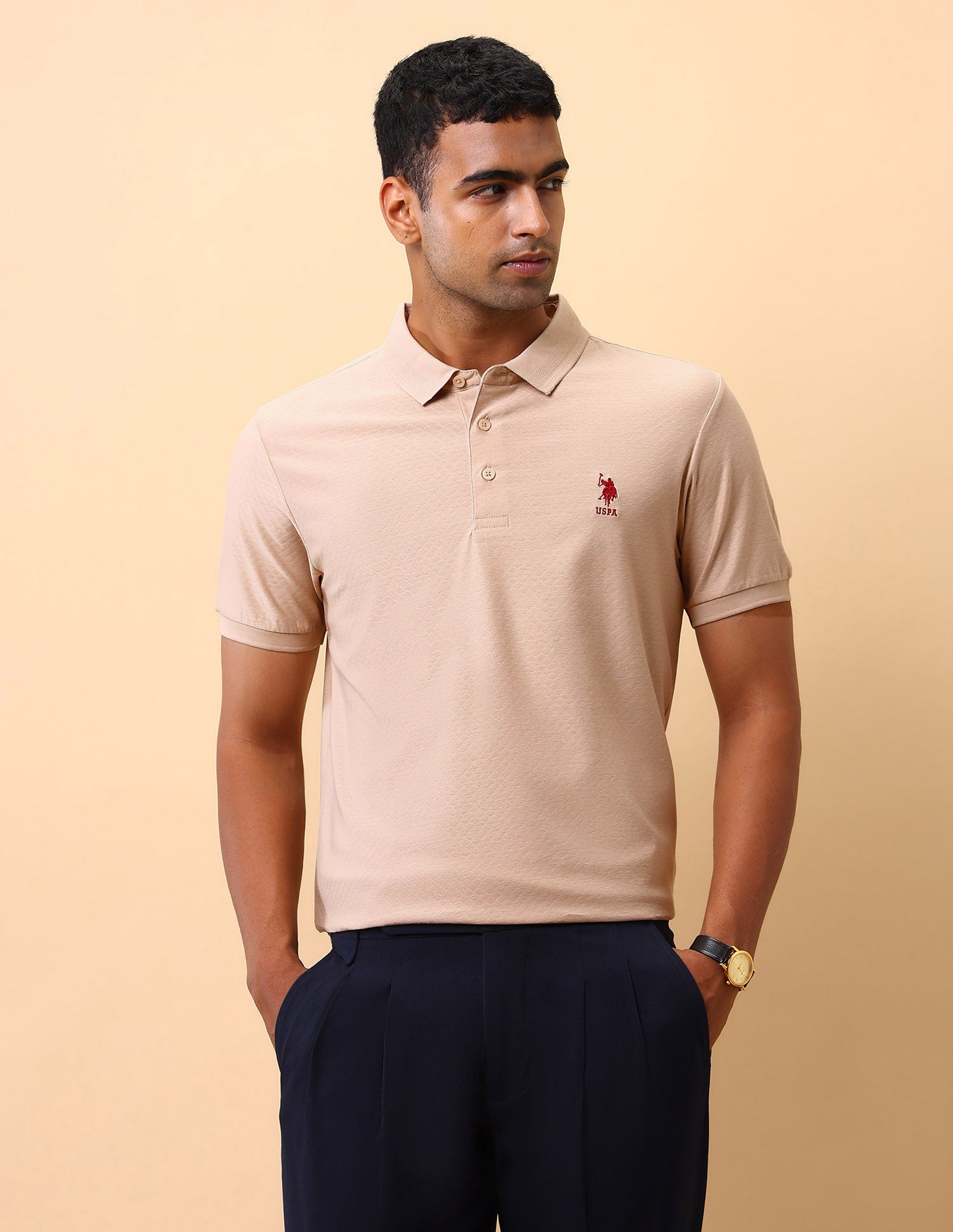 Textured Pure Cotton Polo Shirt Beige - U.S. Polo Assn. India | Large