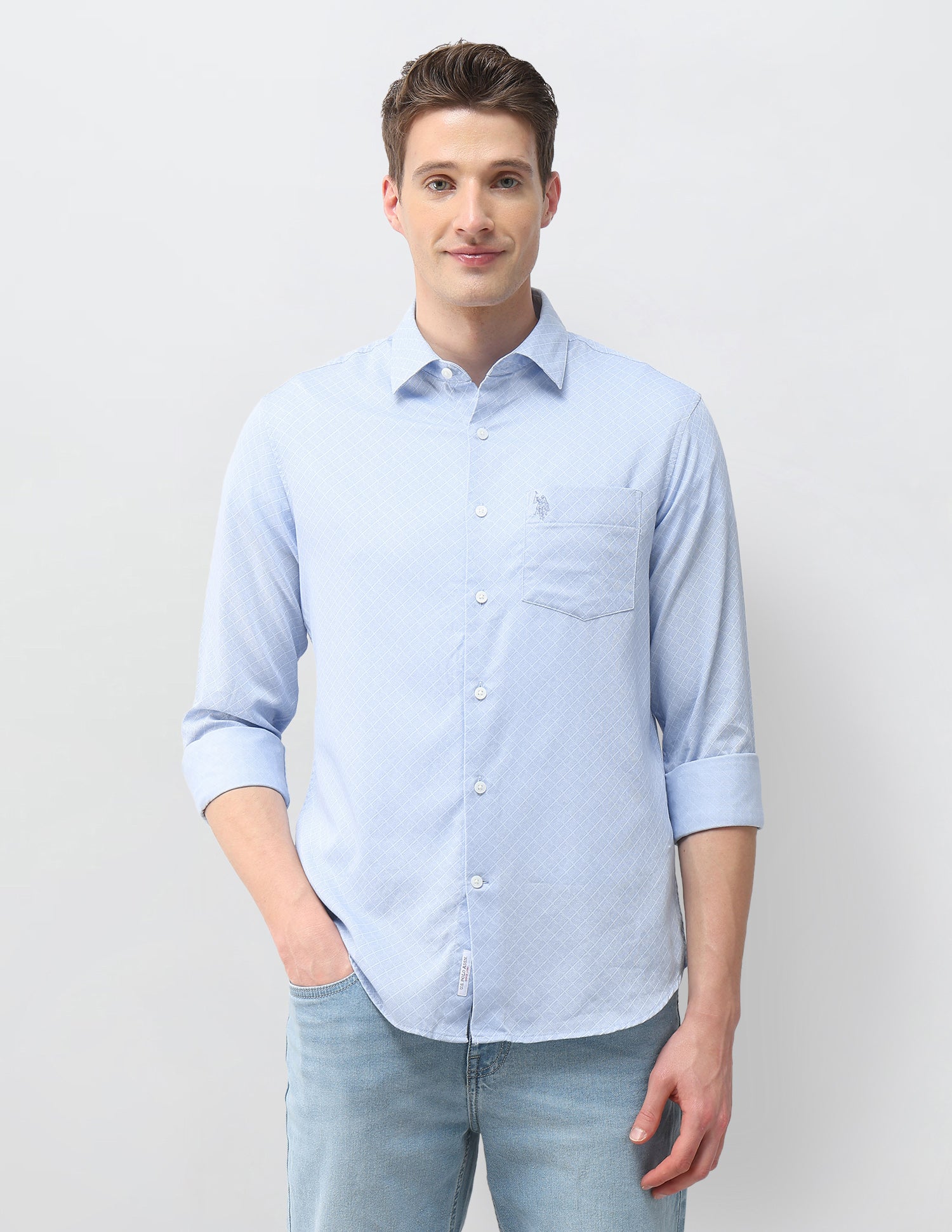 Geometric Printed Dobby Shirt Light Blue - U.S. Polo Assn. India | Large