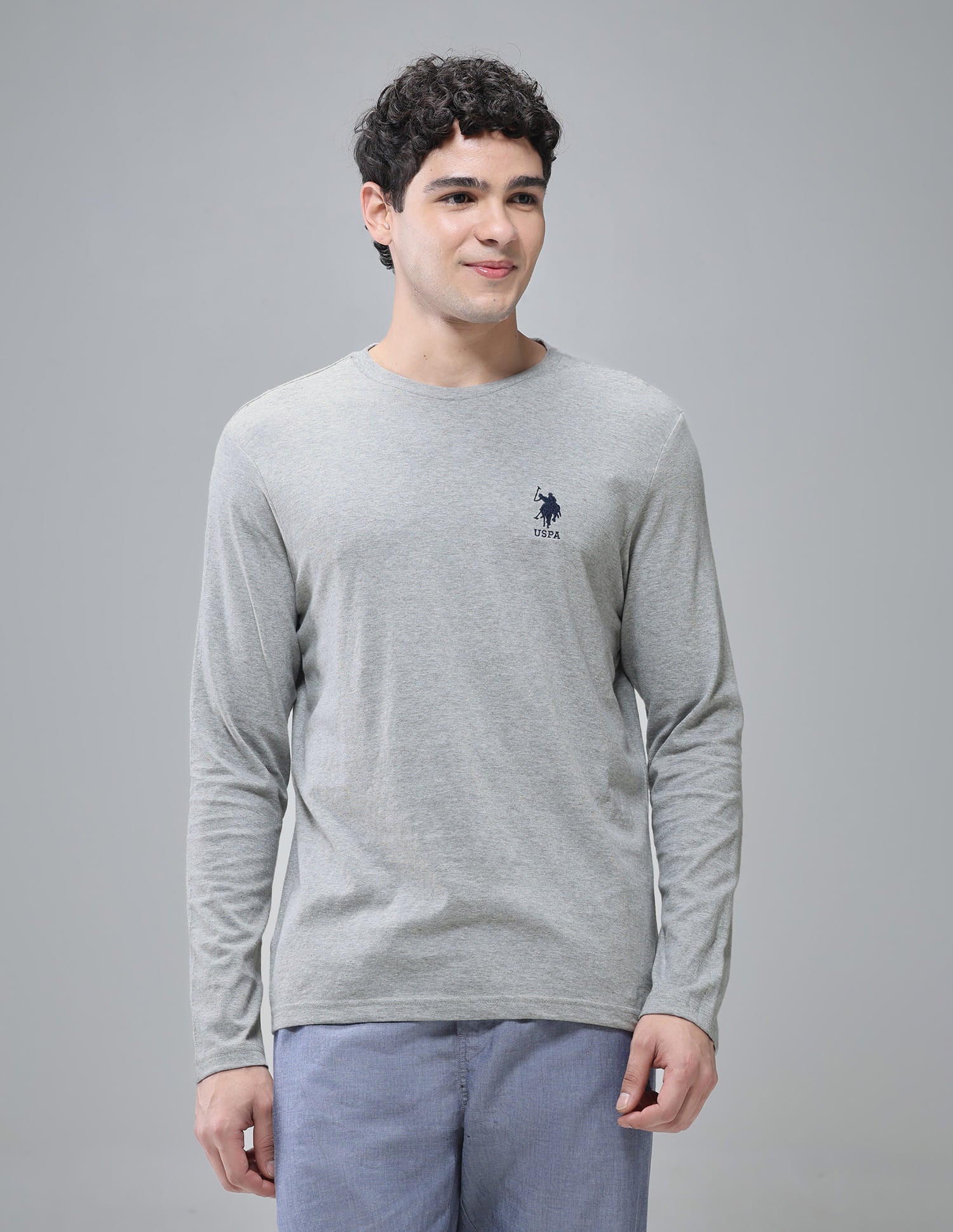 Pure Cotton Long Sleeve I693 Lounge T-Shirt - Pack Of 1 Grey Melange - U.S. Polo Assn. India | Large
