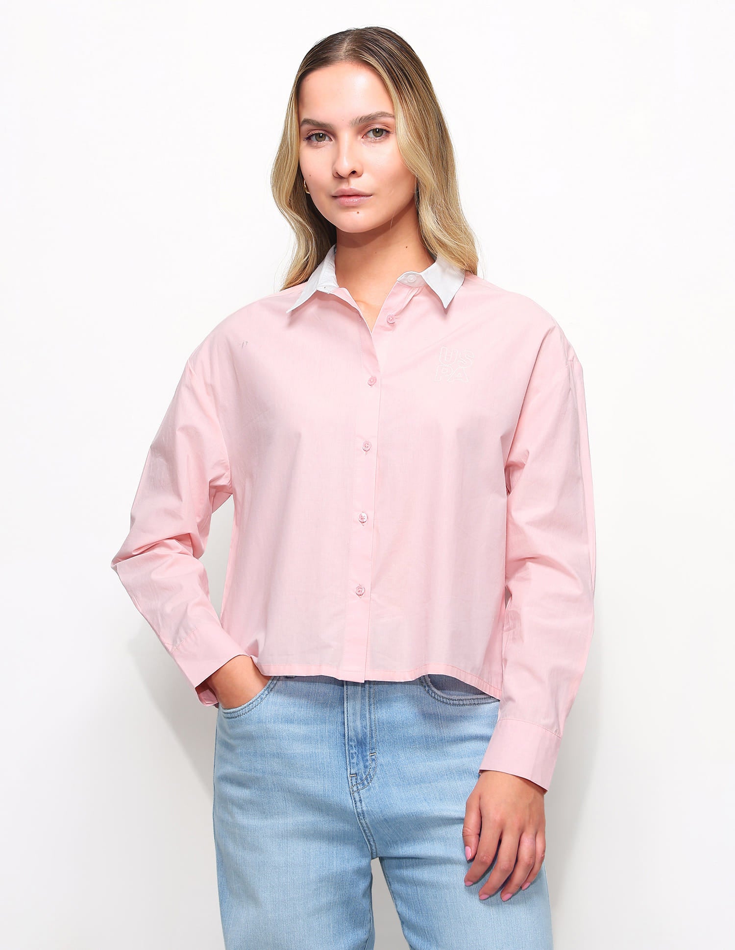 Contrast Collar Boxy Solid Shirt Pink - U.S. Polo Assn. India | Large