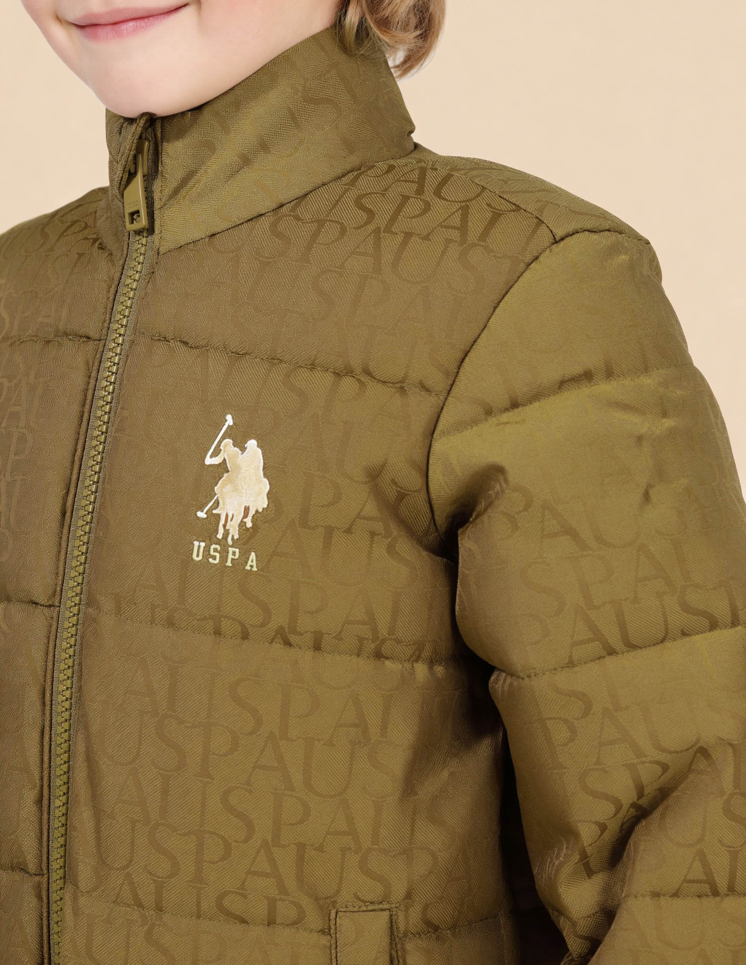 Boys Brand Printed Puffer Jacket Khaki - U.S. Polo Assn. India | Large