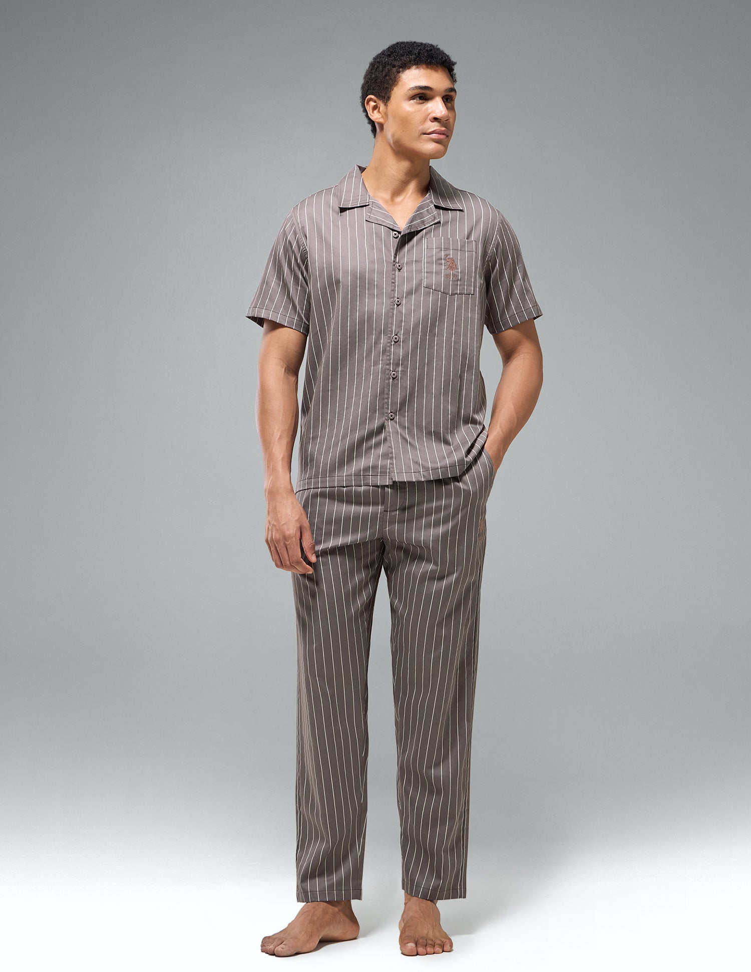 Pure Cotton Striped OESS03 Sleep Set Dark Brown - U.S. Polo Assn. India | Large